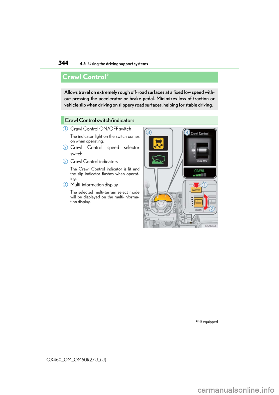 Lexus GX460 2020 Owners Manual / LEXUS 2020 GX460 OWNERS MANUAL (OM60R27U) 344
GX460_OM_OM60R27U_(U)4-5. Using the driving support systems
Crawl Control
Crawl Control ON/OFF switch
The indicator light on the switch comes
on when operating.
Crawl Control speed selector
swi Lexus GX460 2020 Owners Manual / LEXUS 2020 GX460 OWNERS MANUAL (OM60R27U) 344
GX460_OM_OM60R27U_(U)4-5. Using the driving support systems
Crawl Control
Crawl Control ON/OFF switch
The indicator light on the switch comes
on when operating.
Crawl Control speed selector
swi
