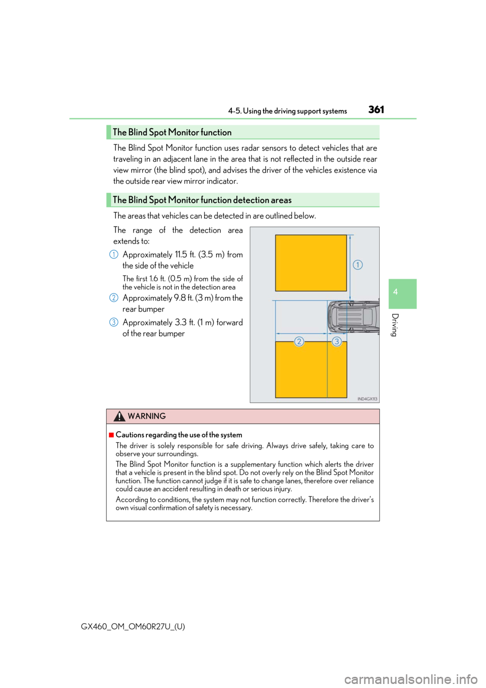 Lexus GX460 2020 / LEXUS 2020 GX460 (OM60R27U) Service Manual GX460_OM_OM60R27U_(U)
3614-5. Using the driving support systems
4
Driving
The Blind Spot Monitor function uses radar sensors to detect vehicles that are
traveling in an adjacent lane in the area that Lexus GX460 2020 / LEXUS 2020 GX460 (OM60R27U) Service Manual GX460_OM_OM60R27U_(U)
3614-5. Using the driving support systems
4
Driving
The Blind Spot Monitor function uses radar sensors to detect vehicles that are
traveling in an adjacent lane in the area that