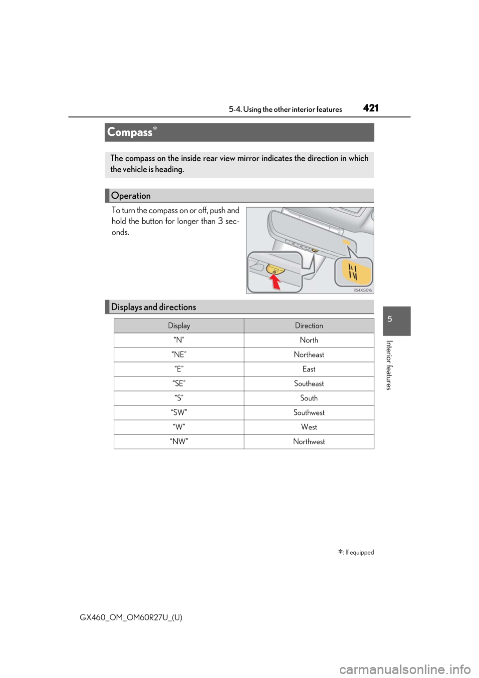 Lexus GX460 2020 Owners Manual / LEXUS 2020 GX460 OWNERS MANUAL (OM60R27U) 421
GX460_OM_OM60R27U_(U)5-4. Using the other interior features
5
Interior features
Compass
To turn the compass on or off, push and
hold the button for longer than 3 sec-
onds.
: If equipped
The Lexus GX460 2020 Owners Manual / LEXUS 2020 GX460 OWNERS MANUAL (OM60R27U) 421
GX460_OM_OM60R27U_(U)5-4. Using the other interior features
5
Interior features
Compass
To turn the compass on or off, push and
hold the button for longer than 3 sec-
onds.
: If equipped
The
