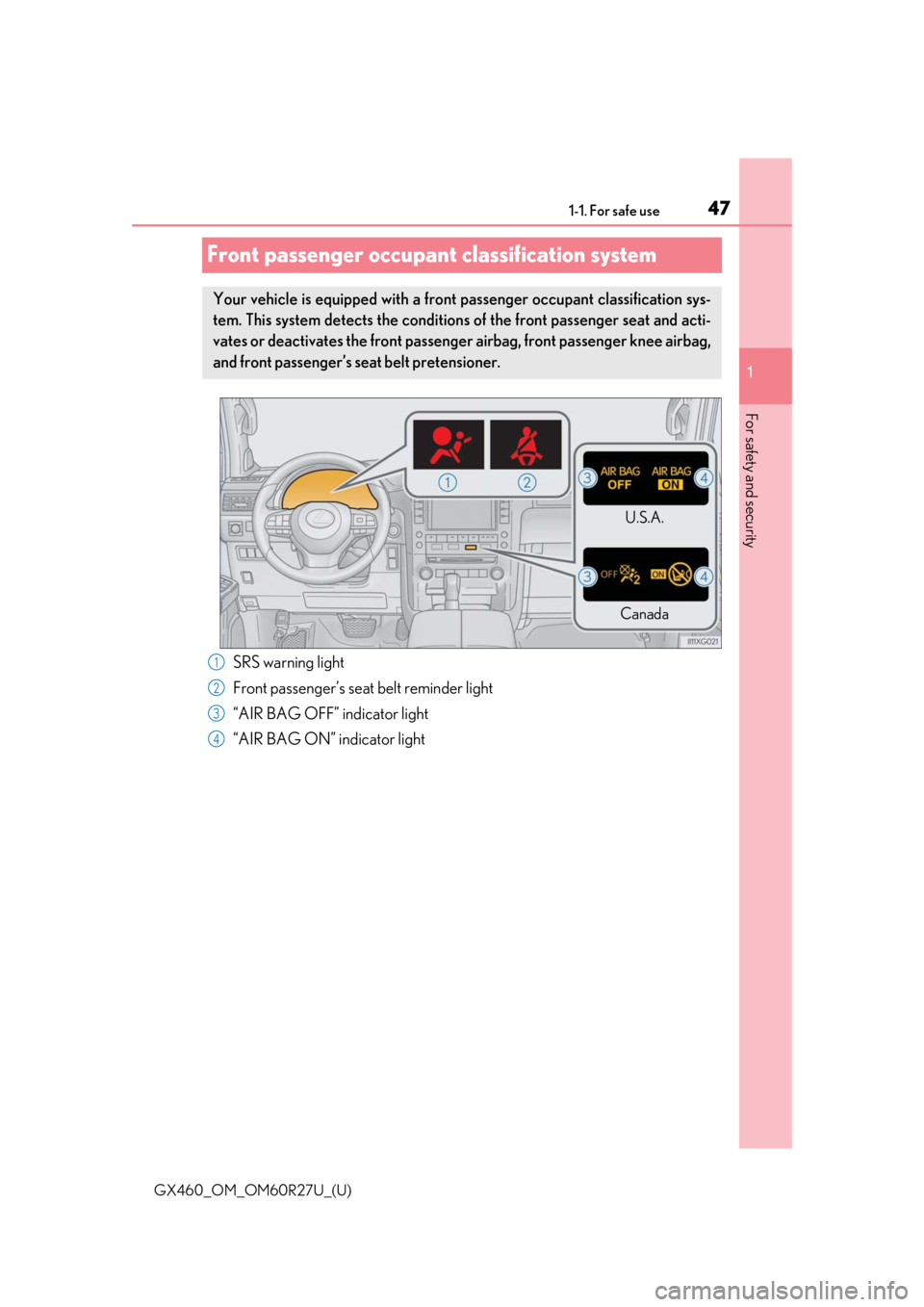 Lexus GX460 2020 / LEXUS 2020 GX460 (OM60R27U) Service Manual 471-1. For safe use
GX460_OM_OM60R27U_(U)
1
For safety and security
Front passenger occupant classification system
Your vehicle is equipped with a front passenger occupant classification sys-
tem. Th Lexus GX460 2020 / LEXUS 2020 GX460 (OM60R27U) Service Manual 471-1. For safe use
GX460_OM_OM60R27U_(U)
1
For safety and security
Front passenger occupant classification system
Your vehicle is equipped with a front passenger occupant classification sys-
tem. Th