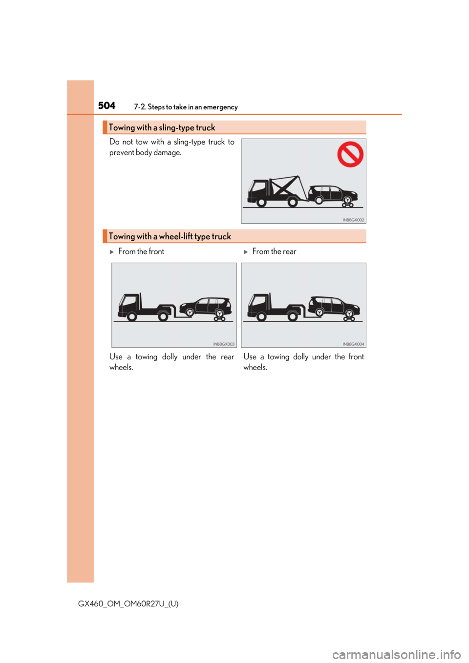 Lexus GX460 2020  Owners Manual / LEXUS 2020 GX460 OWNERS MANUAL (OM60R27U) 5047-2. Steps to take in an emergency
GX460_OM_OM60R27U_(U)
Do not tow with a sling-type truck to
prevent body damage.
Towing with a sling-type truck
Towing with a wheel-lift type truck
From the fr