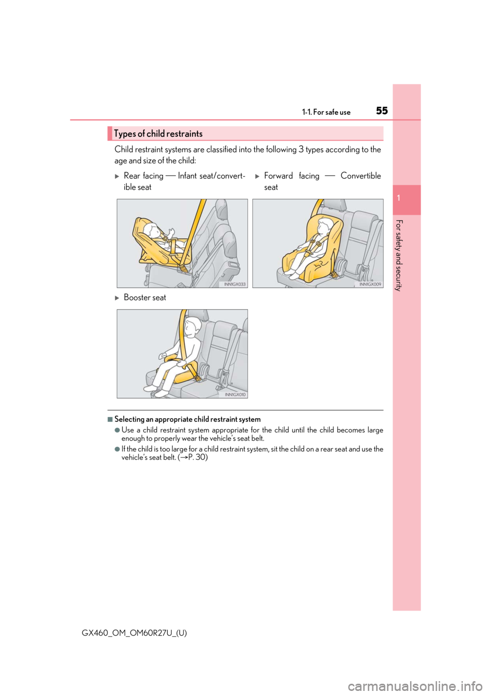 Lexus GX460 2020   / LEXUS 2020 GX460  (OM60R27U) Workshop Manual 551-1. For safe use
GX460_OM_OM60R27U_(U)
1
For safety and security
Child restraint systems are classified in to the following 3 types according to the
age and size of the child:
■Selecting an appro