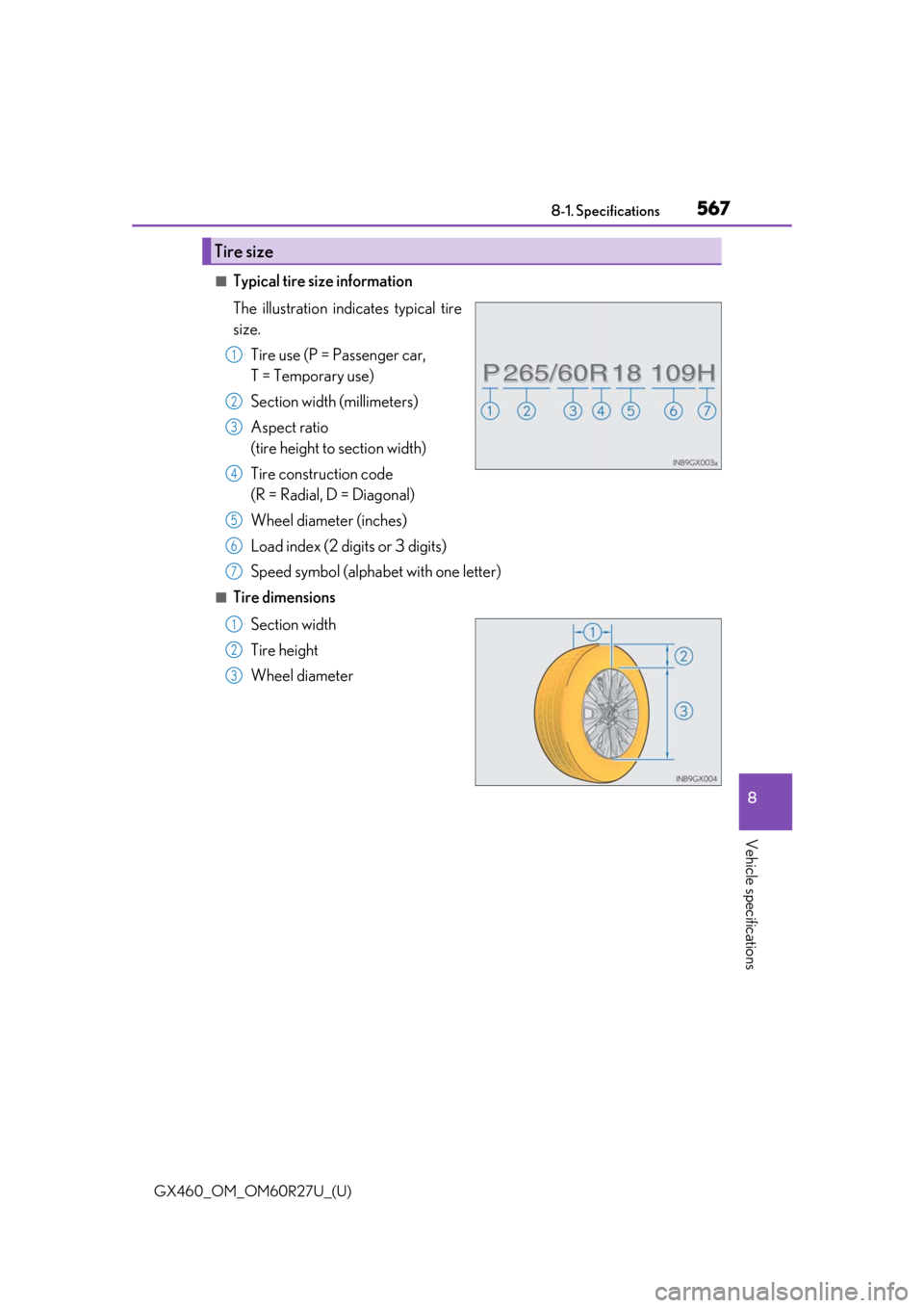 Lexus GX460 2020 / LEXUS 2020 GX460 (OM60R27U) User Guide GX460_OM_OM60R27U_(U)
5678-1. Specifications
8
Vehicle specifications
■Typical tire size information
The illustration indicates typical tire
size.Tire use (P = Passenger car,
T = Temporary use)
Sec Lexus GX460 2020 / LEXUS 2020 GX460 (OM60R27U) User Guide GX460_OM_OM60R27U_(U)
5678-1. Specifications
8
Vehicle specifications
■Typical tire size information
The illustration indicates typical tire
size.Tire use (P = Passenger car,
T = Temporary use)
Sec