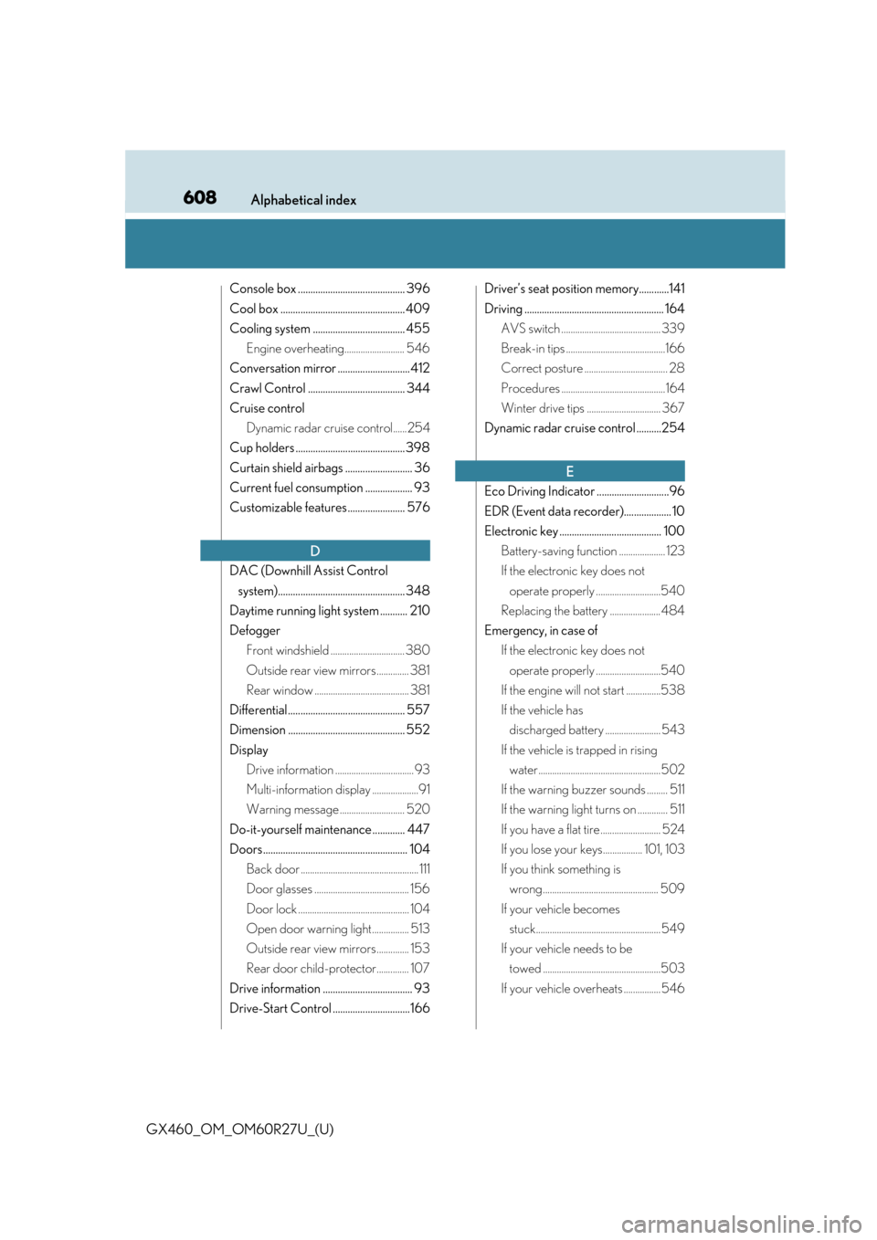 Lexus GX460 2020  Owners Manual / LEXUS 2020 GX460 OWNERS MANUAL (OM60R27U) 608Alphabetical index
GX460_OM_OM60R27U_(U)
Console box ........................................... 396
Cool box .................................................. 409
Cooling system .................