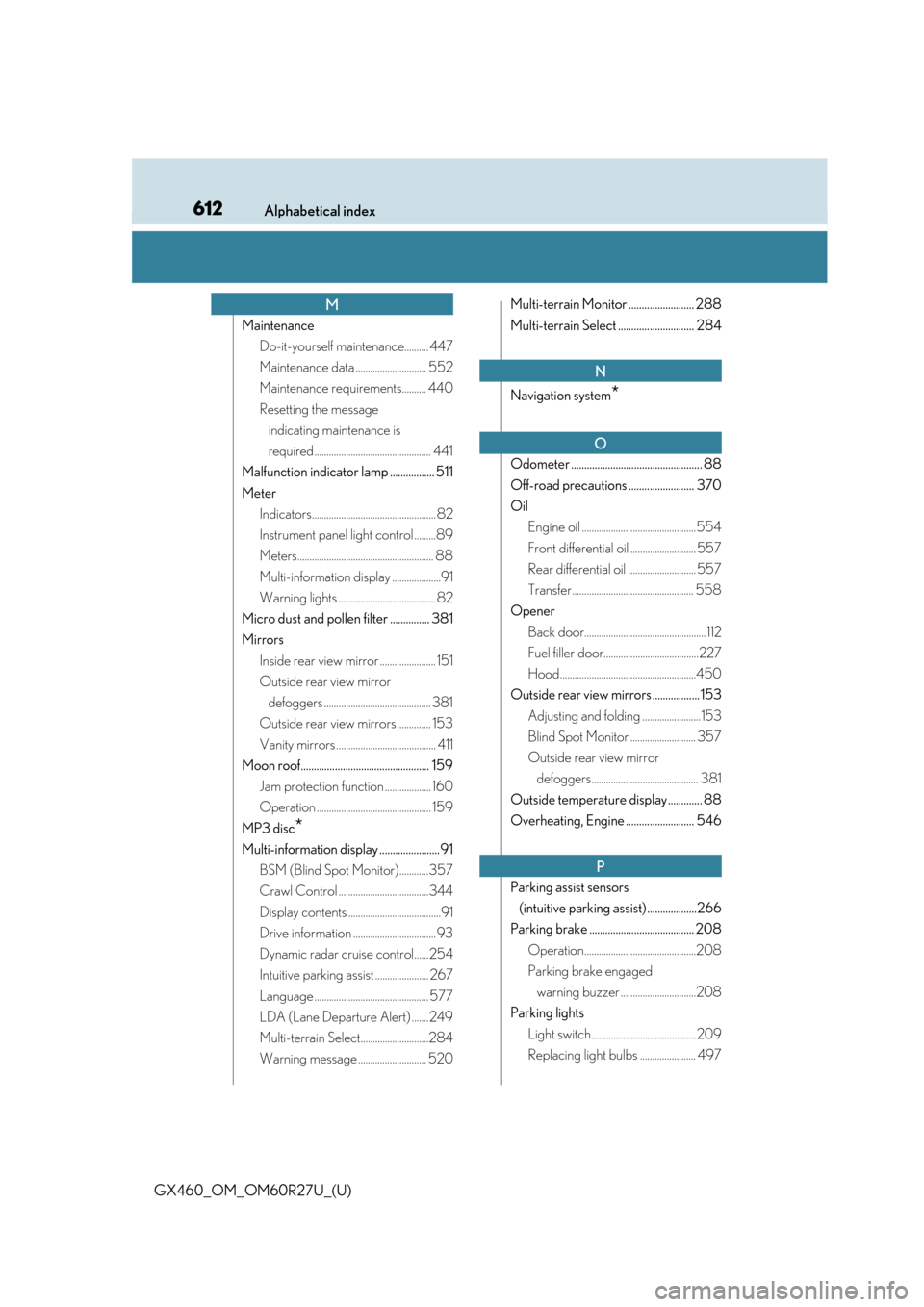 Lexus GX460 2020  Owners Manual / LEXUS 2020 GX460 OWNERS MANUAL (OM60R27U) 612Alphabetical index
GX460_OM_OM60R27U_(U)
MaintenanceDo-it-yourself maintenance.......... 447
Maintenance data ............................. 552
Maintenance requirements.......... 440
Resetting the 