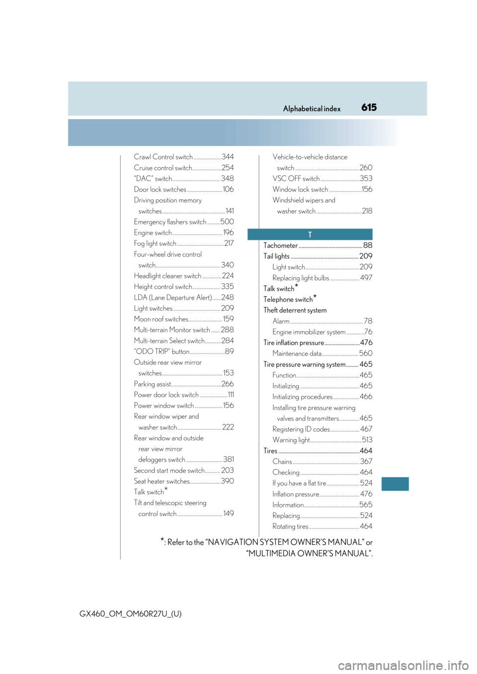 Lexus GX460 2020  Owners Manual / LEXUS 2020 GX460 OWNERS MANUAL (OM60R27U) 615Alphabetical index
GX460_OM_OM60R27U_(U)
Crawl Control switch ......................344
Cruise control switch.......................254
“DAC” switch...................................... 348
Do