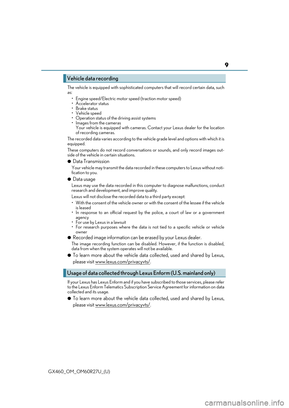 Lexus GX460 2020  Owners Manual / LEXUS 2020 GX460 OWNERS MANUAL (OM60R27U) GX460_OM_OM60R27U_(U)
9
The vehicle is equipped with sophisticated computers that will record certain data, such
as:
• Engine speed/Electric motor  speed (traction motor speed)
• Accelerator statu