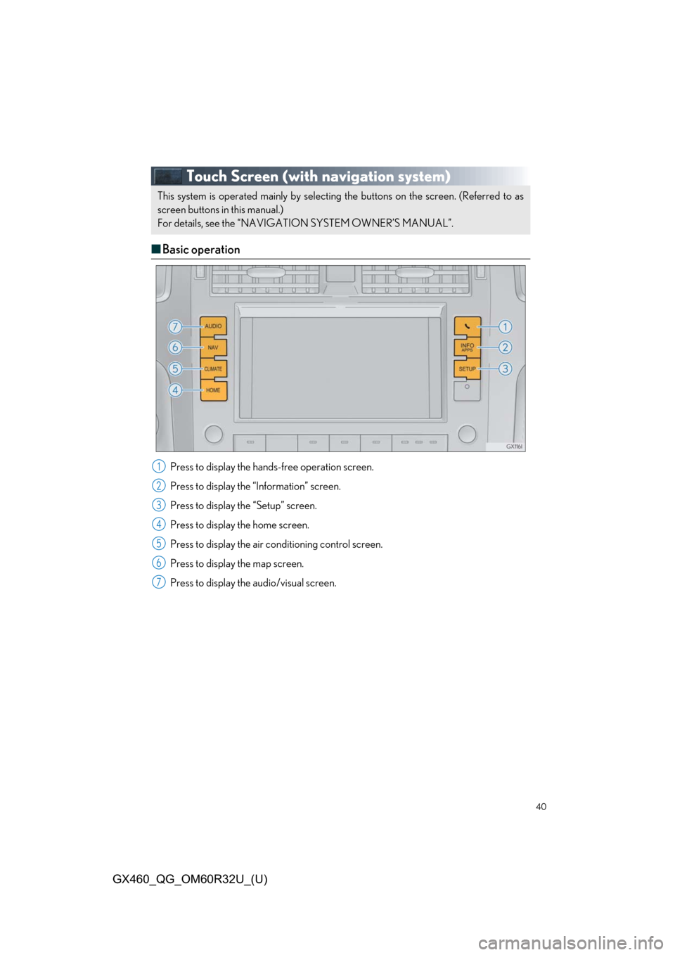 Lexus GX460 2020  Owners Manual / LEXUS 2020 GX460 OWNERS MANUAL QUICK GUIDE (OM60R32U) 40
GX460_QG_OM60R32U_(U)
Touch Screen (with navigation system)
■Basic operation
Press to display the hand s-free operation screen.
Press to display the “Information” screen.
Press to display th 