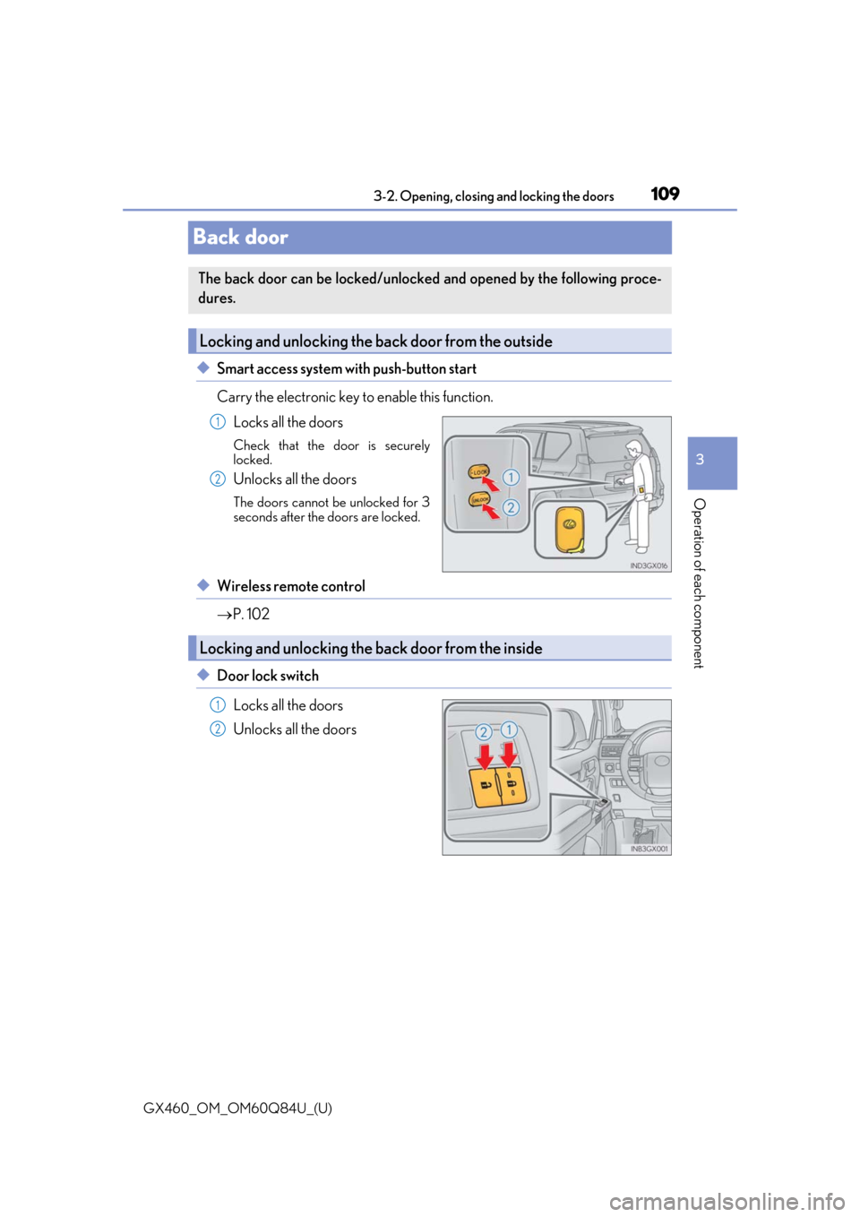 Lexus GX460 2019  Owners Manual / LEXUS 2019 GX460 OWNERS MANUAL (OM60Q84U) 109
GX460_OM_OM60Q84U_(U)3-2. Opening, closing 
and locking the doors
3
Operation of each component
Back door
◆Smart access system with push-button start
Carry the electronic key to enable this func