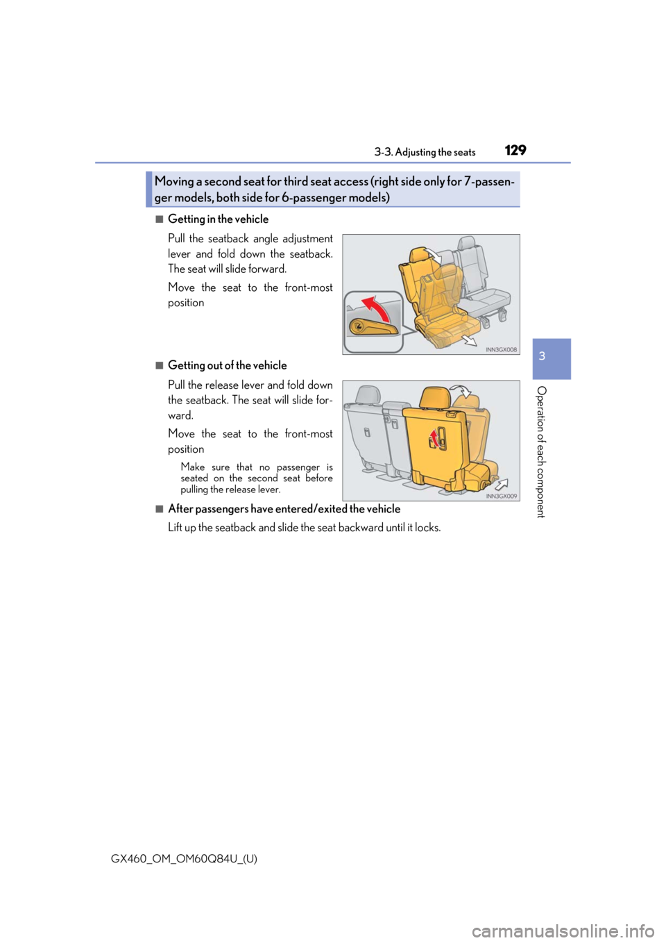Lexus GX460 2019  Owners Manual / LEXUS 2019 GX460 OWNERS MANUAL (OM60Q84U) GX460_OM_OM60Q84U_(U)
1293-3. Adjusting the seats
3
Operation of each component
■Getting in the vehicle
Pull the seatback angle adjustment
lever and fold down the seatback.
The seat will slide forwa