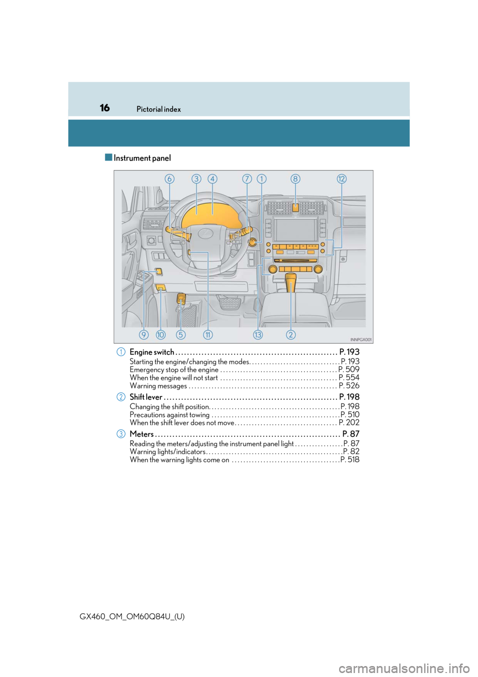 Lexus GX460 2019 / LEXUS 2019 GX460 (OM60Q84U) User Guide 16Pictorial index
GX460_OM_OM60Q84U_(U)
■Instrument panel
Engine switch . . . . . . . . . . . . . . . . . . . . . . . . . . . . . . . . . . . . . . . . . . . . . . . . . . . . . . . . P . 193
Start Lexus GX460 2019 / LEXUS 2019 GX460 (OM60Q84U) User Guide 16Pictorial index
GX460_OM_OM60Q84U_(U)
■Instrument panel
Engine switch . . . . . . . . . . . . . . . . . . . . . . . . . . . . . . . . . . . . . . . . . . . . . . . . . . . . . . . . P . 193
Start