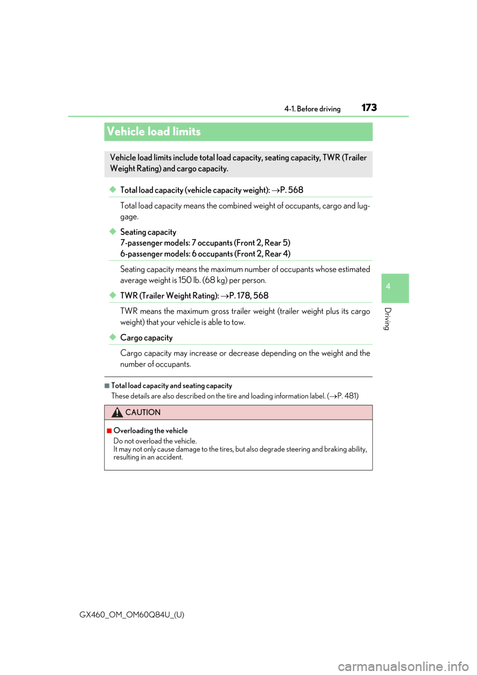Lexus GX460 2019  Owners Manual / LEXUS 2019 GX460 OWNERS MANUAL (OM60Q84U) 173
GX460_OM_OM60Q84U_(U)4-1. Before driving
4
Driving
Vehicle load limits
◆Total load capacity (vehicle capacity weight): 
P. 568
Total load capacity means the combined  weight of occupants, car