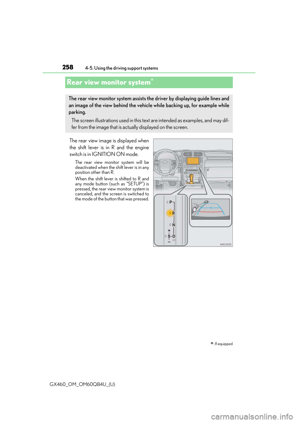 Lexus GX460 2019 Owners Manual / LEXUS 2019 GX460 OWNERS MANUAL (OM60Q84U) 258
GX460_OM_OM60Q84U_(U)4-5. Using the driving support systems
Rear view monitor system
The rear view image is displayed when
the shift lever is in R and the engine
switch is in IGNITION ON mode.
Lexus GX460 2019 Owners Manual / LEXUS 2019 GX460 OWNERS MANUAL (OM60Q84U) 258
GX460_OM_OM60Q84U_(U)4-5. Using the driving support systems
Rear view monitor system
The rear view image is displayed when
the shift lever is in R and the engine
switch is in IGNITION ON mode.