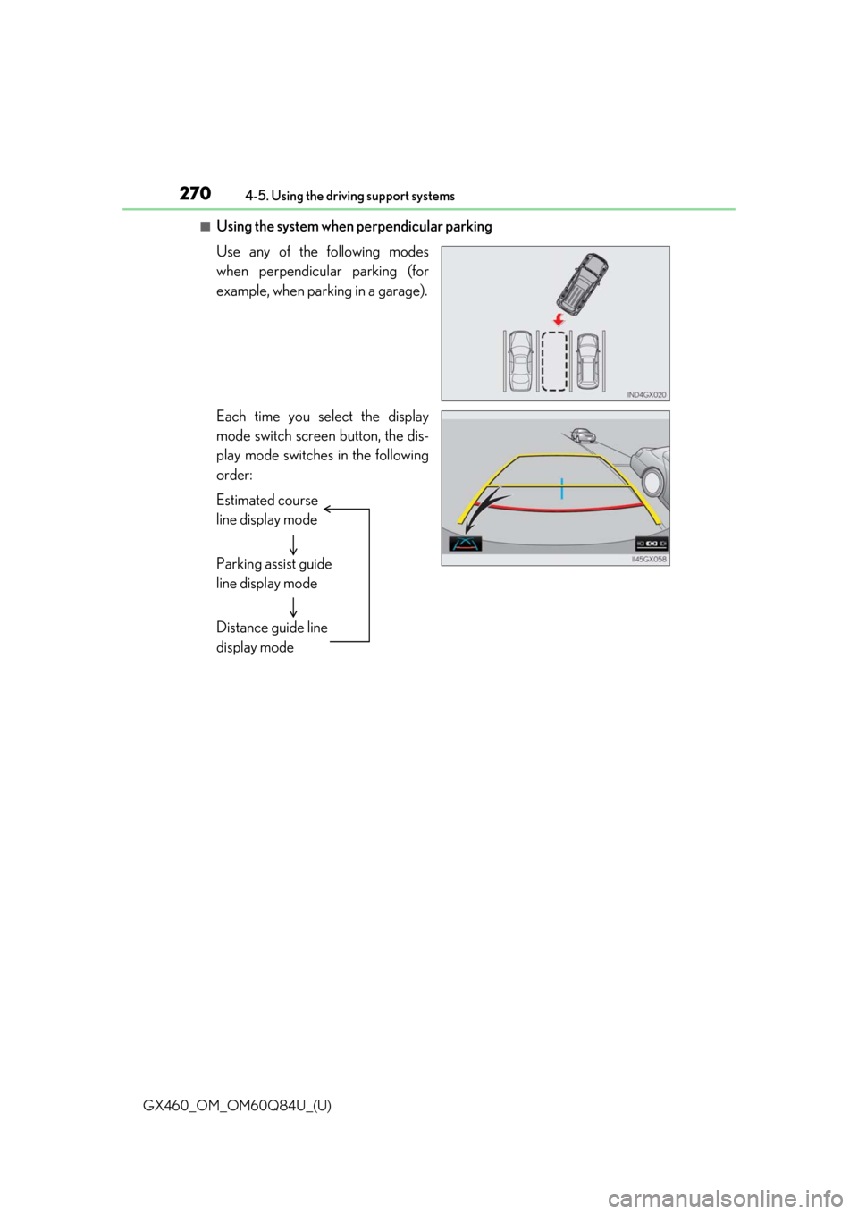 Lexus GX460 2019 Owners Manual / LEXUS 2019 GX460 OWNERS MANUAL (OM60Q84U) 270
GX460_OM_OM60Q84U_(U)4-5. Using the driving support systems
■Using the system when perpendicular parking
Use any of the following modes
when perpendicular parking (for
example, when parking in a Lexus GX460 2019 Owners Manual / LEXUS 2019 GX460 OWNERS MANUAL (OM60Q84U) 270
GX460_OM_OM60Q84U_(U)4-5. Using the driving support systems
■Using the system when perpendicular parking
Use any of the following modes
when perpendicular parking (for
example, when parking in a