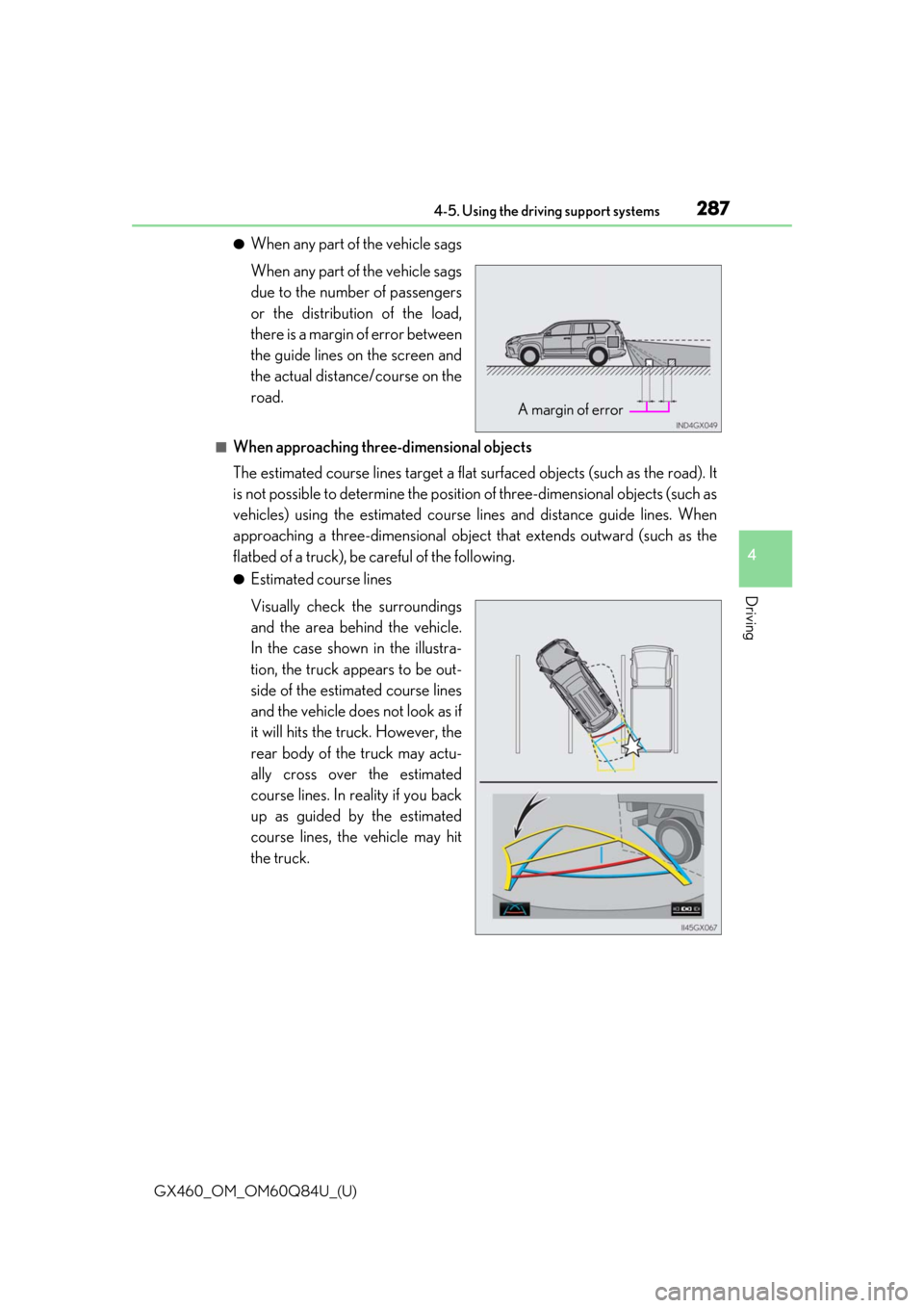 Lexus GX460 2019 Owners Manual / LEXUS 2019 GX460 OWNERS MANUAL (OM60Q84U) GX460_OM_OM60Q84U_(U)
2874-5. Using the driving support systems
4
Driving
●When any part of the vehicle sags
When any part of the vehicle sags
due to the number of passengers
or the distribution of Lexus GX460 2019 Owners Manual / LEXUS 2019 GX460 OWNERS MANUAL (OM60Q84U) GX460_OM_OM60Q84U_(U)
2874-5. Using the driving support systems
4
Driving
●When any part of the vehicle sags
When any part of the vehicle sags
due to the number of passengers
or the distribution of