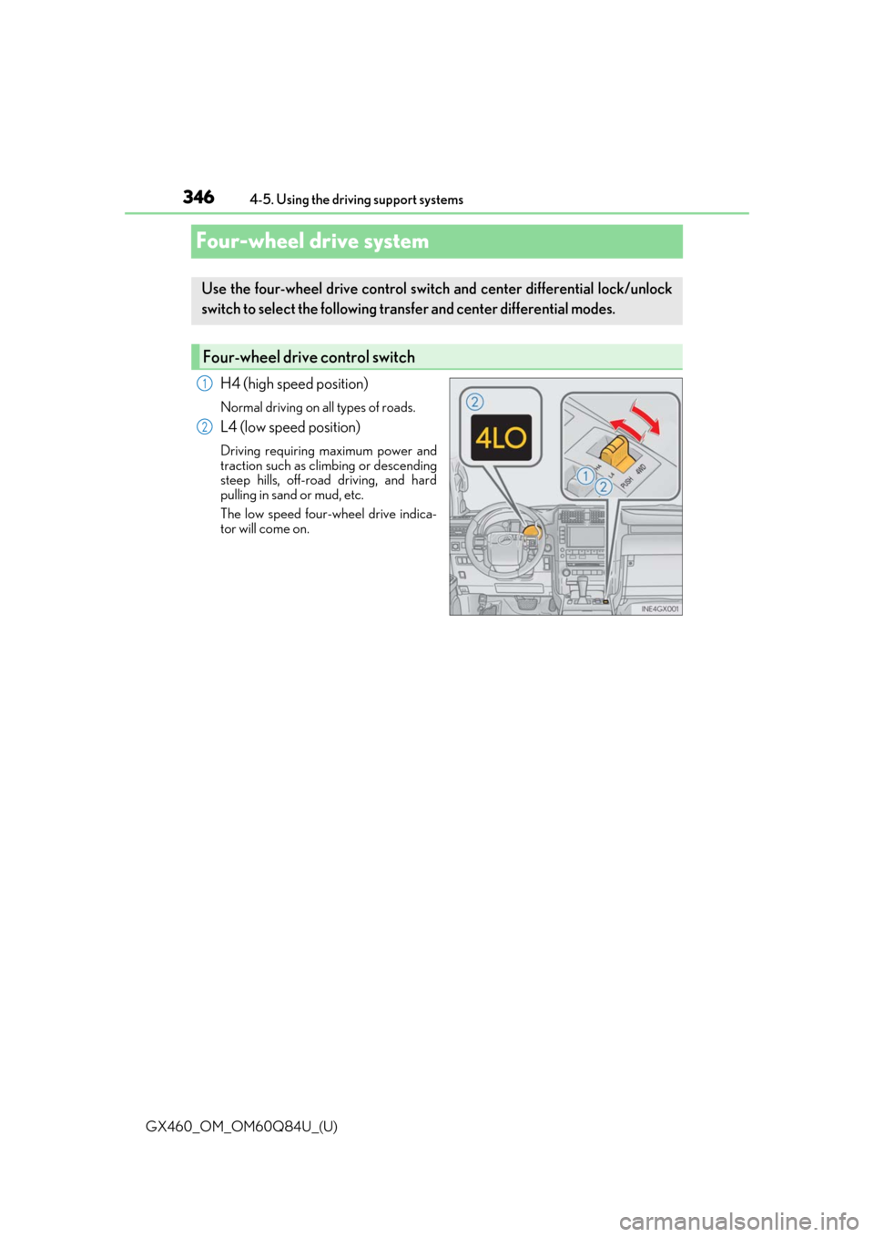 Lexus GX460 2019  Owners Manual / LEXUS 2019 GX460 OWNERS MANUAL (OM60Q84U) 346
GX460_OM_OM60Q84U_(U)4-5. Using the driving support systems
Four-wheel drive system
H4 (high speed position)
Normal driving on all types of roads.
L4 (low speed position)
Driving requiring maximum