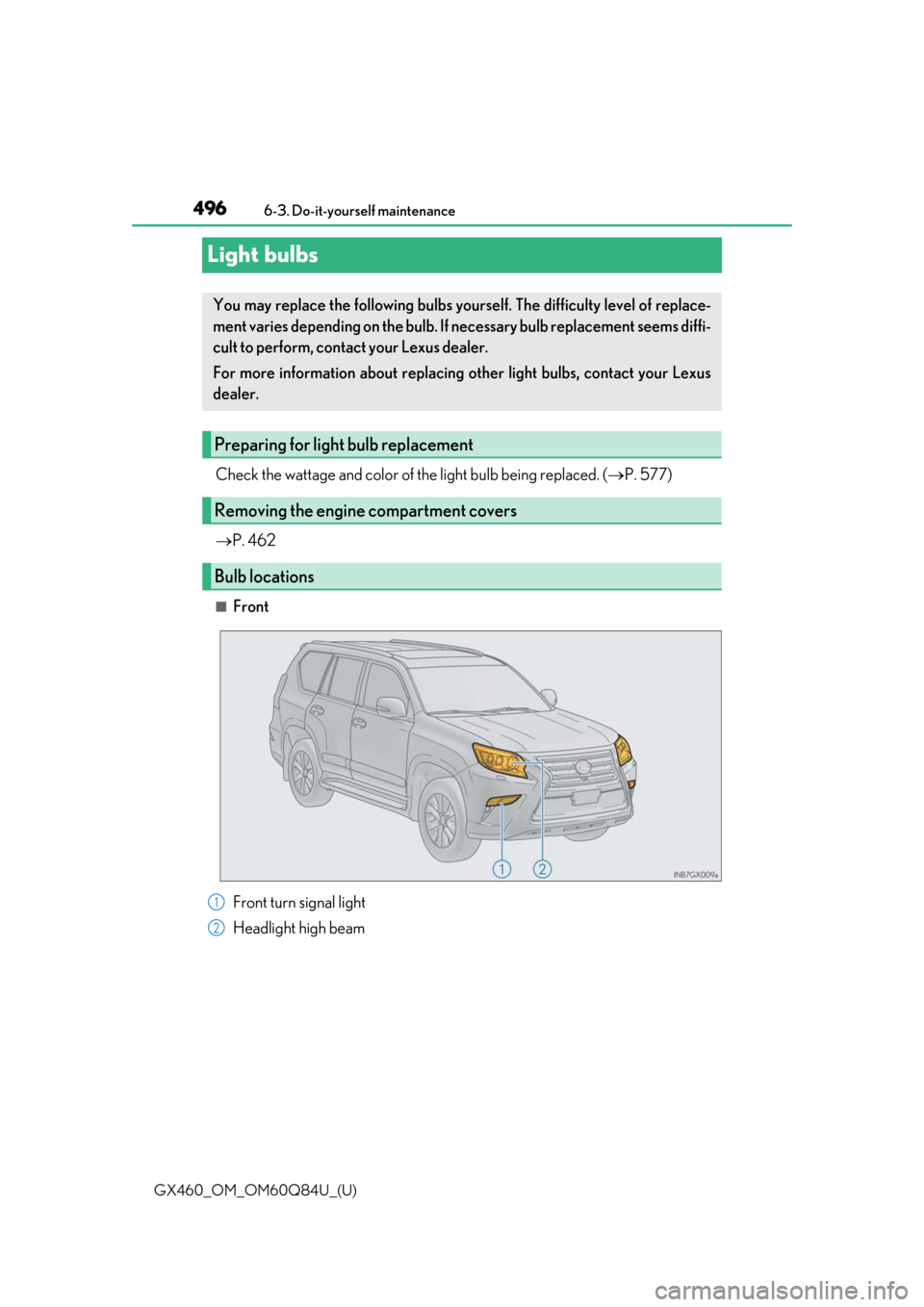 Lexus GX460 2019  Owners Manual / LEXUS 2019 GX460 OWNERS MANUAL (OM60Q84U) 496
GX460_OM_OM60Q84U_(U)6-3. Do-it-yourself maintenance
Light bulbs
Check the wattage and color of the light bulb being replaced. (
P. 577)
 P. 462
■Front
You may replace the following bulbs 