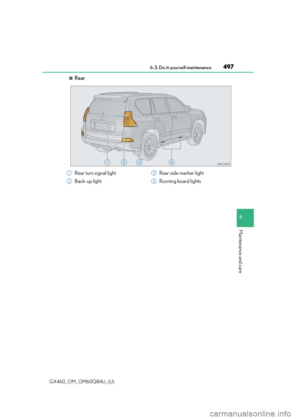 Lexus GX460 2019  Owners Manual / LEXUS 2019 GX460 OWNERS MANUAL (OM60Q84U) GX460_OM_OM60Q84U_(U)
4976-3. Do-it-yourself maintenance
6
Maintenance and care
■Rear
Rear turn signal light
Back-up lightRear side marker light
Running board lights1
2
3
4 
