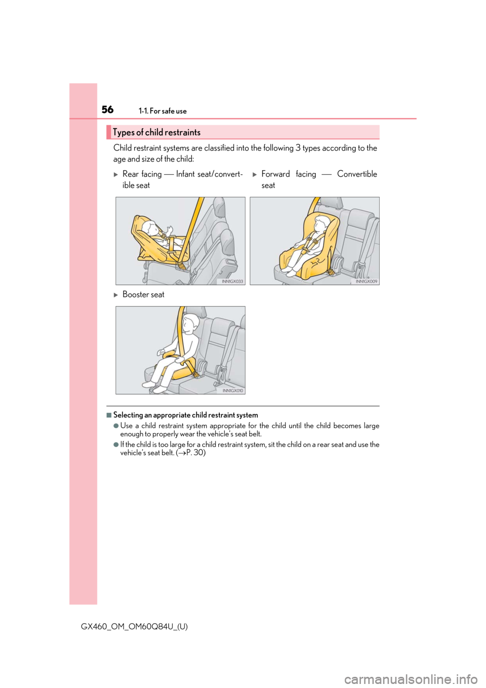 Lexus GX460 2019   / LEXUS 2019 GX460  (OM60Q84U) Workshop Manual 561-1. For safe use
GX460_OM_OM60Q84U_(U)
Child restraint systems are classified into the following 3 types according to the
age and size of the child:
■Selecting an appropriate child restraint syst