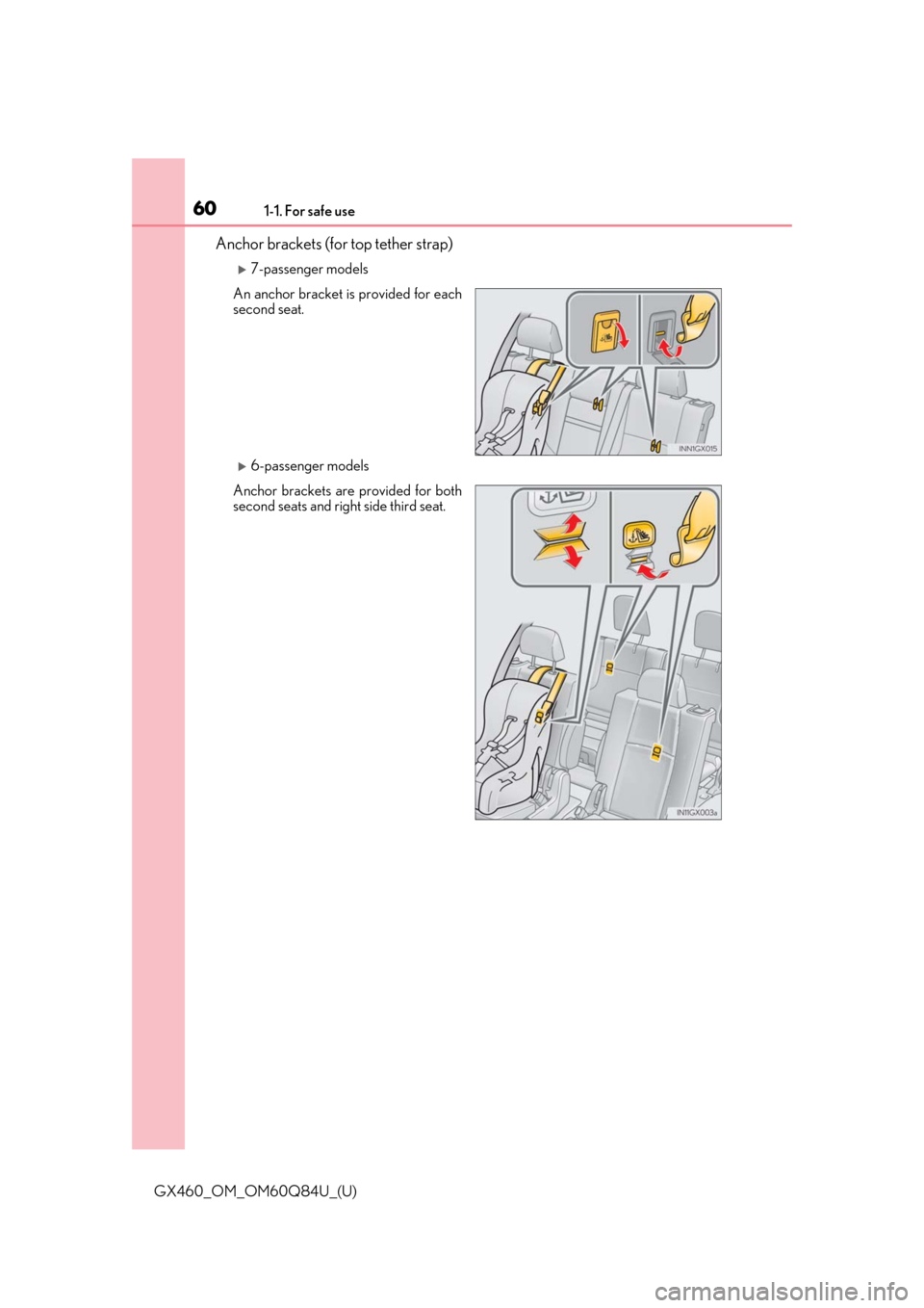 Lexus GX460 2019   / LEXUS 2019 GX460  (OM60Q84U) Workshop Manual 601-1. For safe use
GX460_OM_OM60Q84U_(U)
Anchor brackets (for top tether strap)
7-passenger models
An anchor bracket is provided for each
second seat.
6-passenger models
Anchor brackets are pro