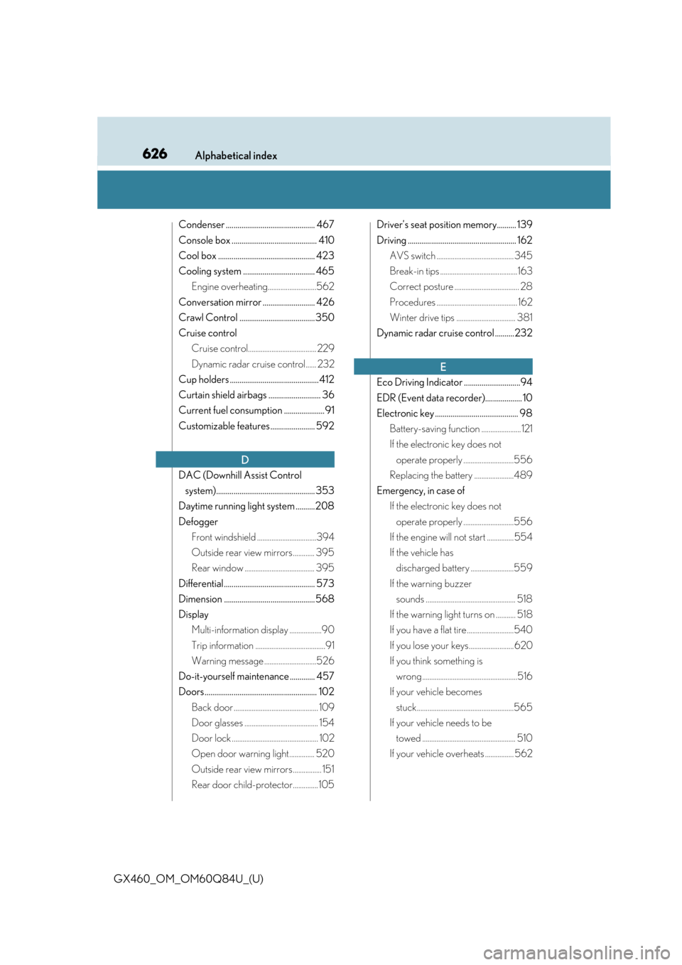 Lexus GX460 2019  Owners Manual / LEXUS 2019 GX460 OWNERS MANUAL (OM60Q84U) 626Alphabetical index
GX460_OM_OM60Q84U_(U)
Condenser .............................................. 467
Console box ............................................ 410
Cool box .........................