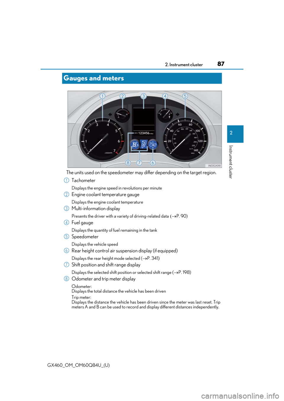 Lexus GX460 2019  Owners Manual / LEXUS 2019 GX460 OWNERS MANUAL (OM60Q84U) 87
GX460_OM_OM60Q84U_(U)2. Instrument cluster
2
Instrument cluster
Gauges and meters
The units used on the speedometer may di
ffer depending on the target region.
Tachometer
Displays the engine speed 