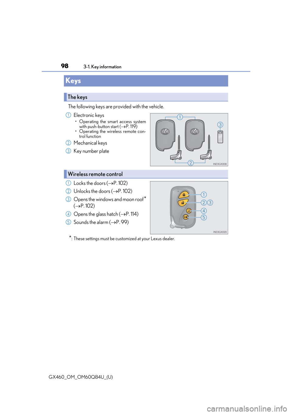 Lexus GX460 2019   / LEXUS 2019 GX460  (OM60Q84U) Owners Manual 98
GX460_OM_OM60Q84U_(U)3-1. Key information
Keys
The following keys are provided with the vehicle.
Electronic keys
• Operating the smart access systemwith push-button start ( P. 119)
• Operati
