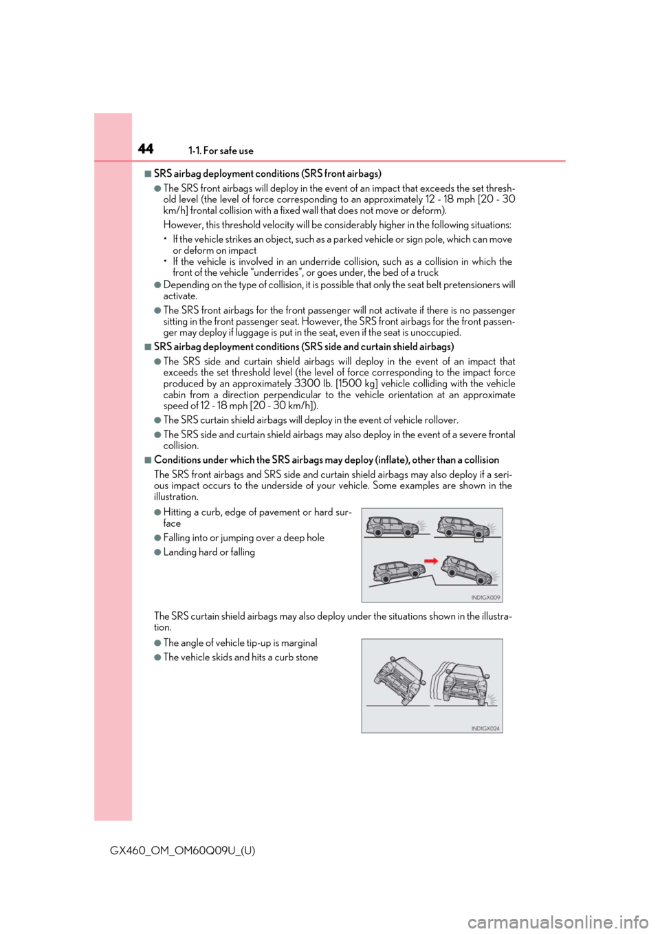 Lexus GX460 2018 / LEXUS 2018 GX460 (OM60Q09U) Service Manual 441-1. For safe use
GX460_OM_OM60Q09U_(U)
■SRS airbag deployment conditions (SRS front airbags)
●The SRS front airbags will deploy in the event of an impact that exceeds the set thresh-
old level Lexus GX460 2018 / LEXUS 2018 GX460 (OM60Q09U) Service Manual 441-1. For safe use
GX460_OM_OM60Q09U_(U)
■SRS airbag deployment conditions (SRS front airbags)
●The SRS front airbags will deploy in the event of an impact that exceeds the set thresh-
old level