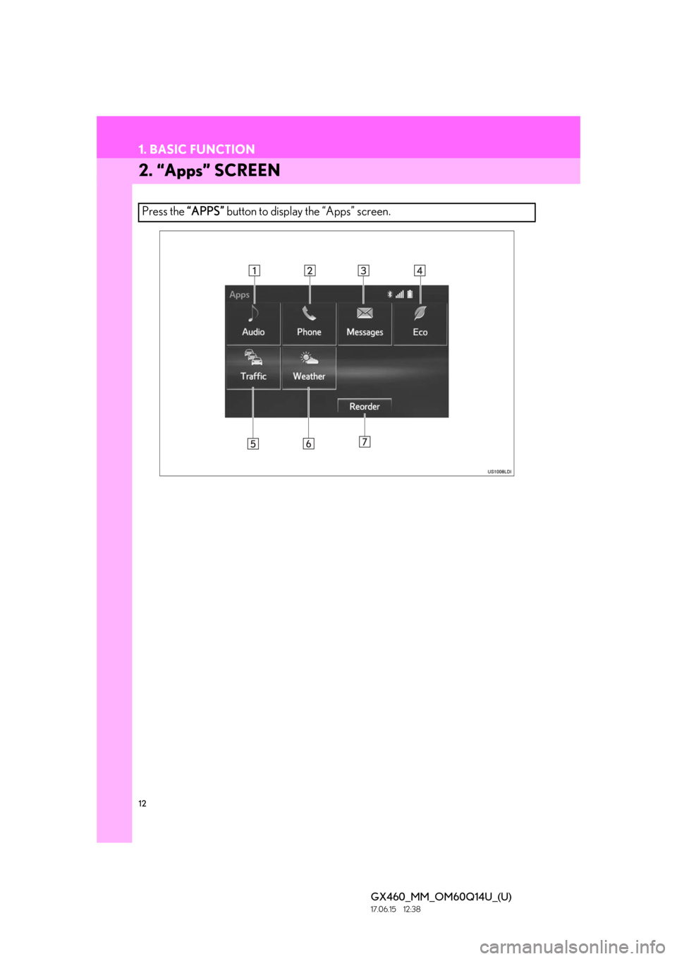 Lexus GX460 2018 Owners Manual / LEXUS 2018 GX460 MULTIMEDIA SYSTEM OWNERS MANUAL (OM60Q14U) 12
1. BASIC FUNCTION
GX460_MM_OM60Q14U_(U)17.06.15 12:38
2. “Apps” SCREEN
Press the “APPS” button to display the “Apps” screen. Lexus GX460 2018 Owners Manual / LEXUS 2018 GX460 MULTIMEDIA SYSTEM OWNERS MANUAL (OM60Q14U) 12
1. BASIC FUNCTION
GX460_MM_OM60Q14U_(U)17.06.15 12:38
2. “Apps” SCREEN
Press the “APPS” button to display the “Apps” screen.
