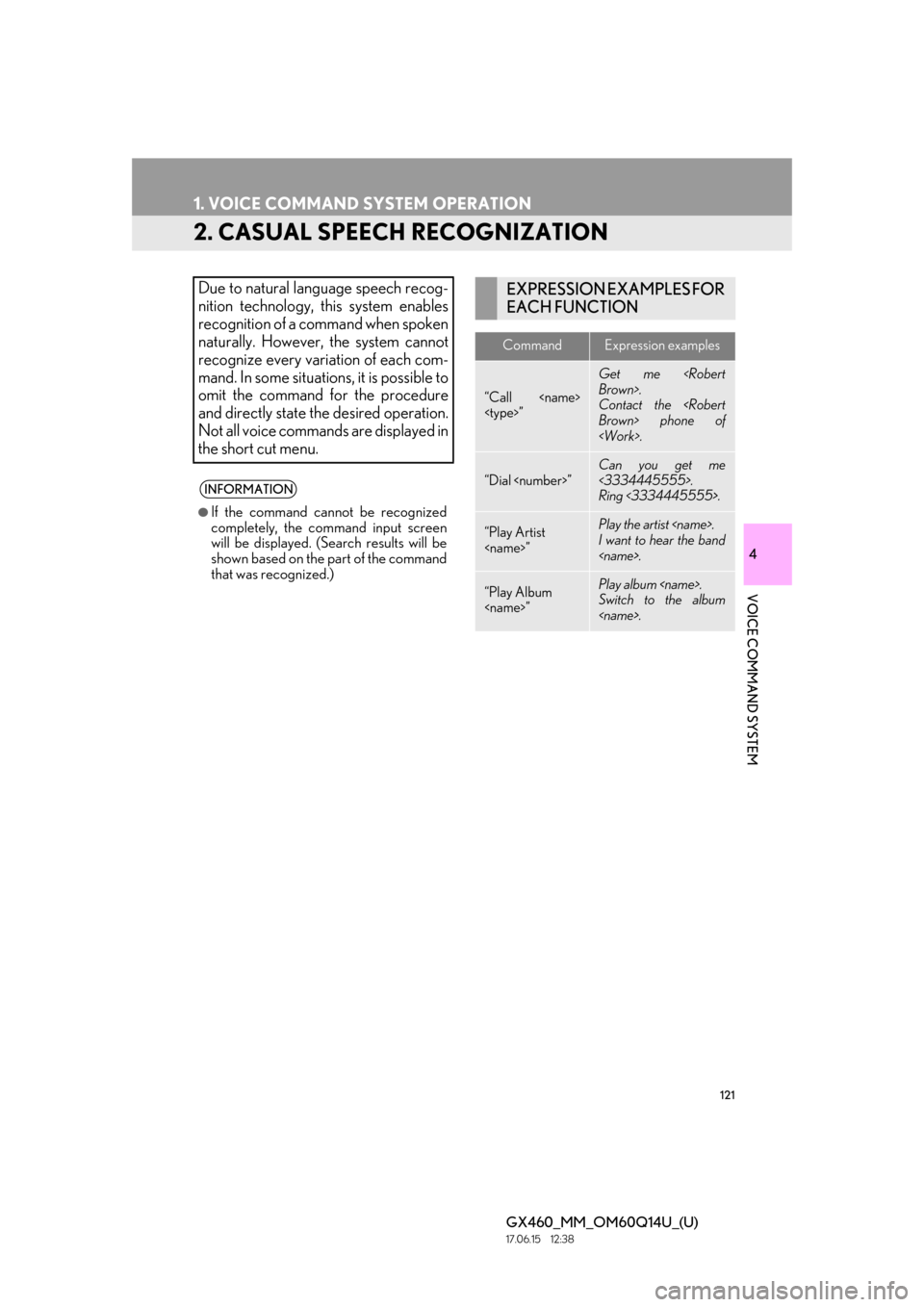 Lexus GX460 2018  Owners Manual / LEXUS 2018 GX460 MULTIMEDIA SYSTEM OWNERS MANUAL (OM60Q14U) 121
1. VOICE COMMAND SYSTEM OPERATION
GX460_MM_OM60Q14U_(U)17.06.15     12:38
4
VOICE COMMAND SYSTEM
2. CASUAL SPEECH RECOGNIZATION
Due to natural language speech recog-
nition technology, this system