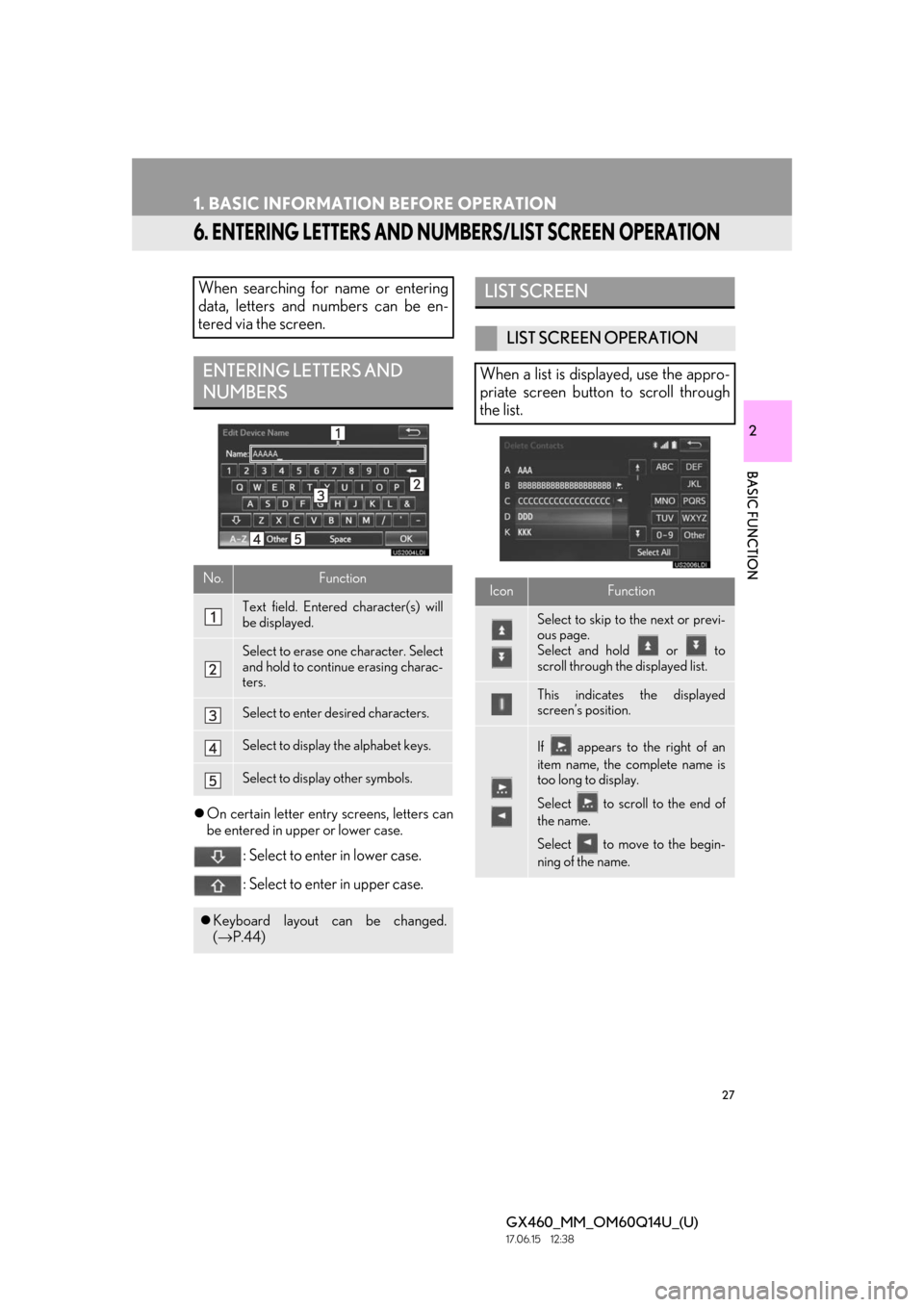 Lexus GX460 2018   / LEXUS 2018 GX460 MULTIMEDIA SYSTEM  (OM60Q14U) Owners Guide 27
1. BASIC INFORMATION BEFORE OPERATION
GX460_MM_OM60Q14U_(U)17.06.15     12:38
2
BASIC FUNCTION
6. ENTERING LETTERS AND NUMBERS/LIST SCREEN OPERATION
On certain letter entry screens, letters can
