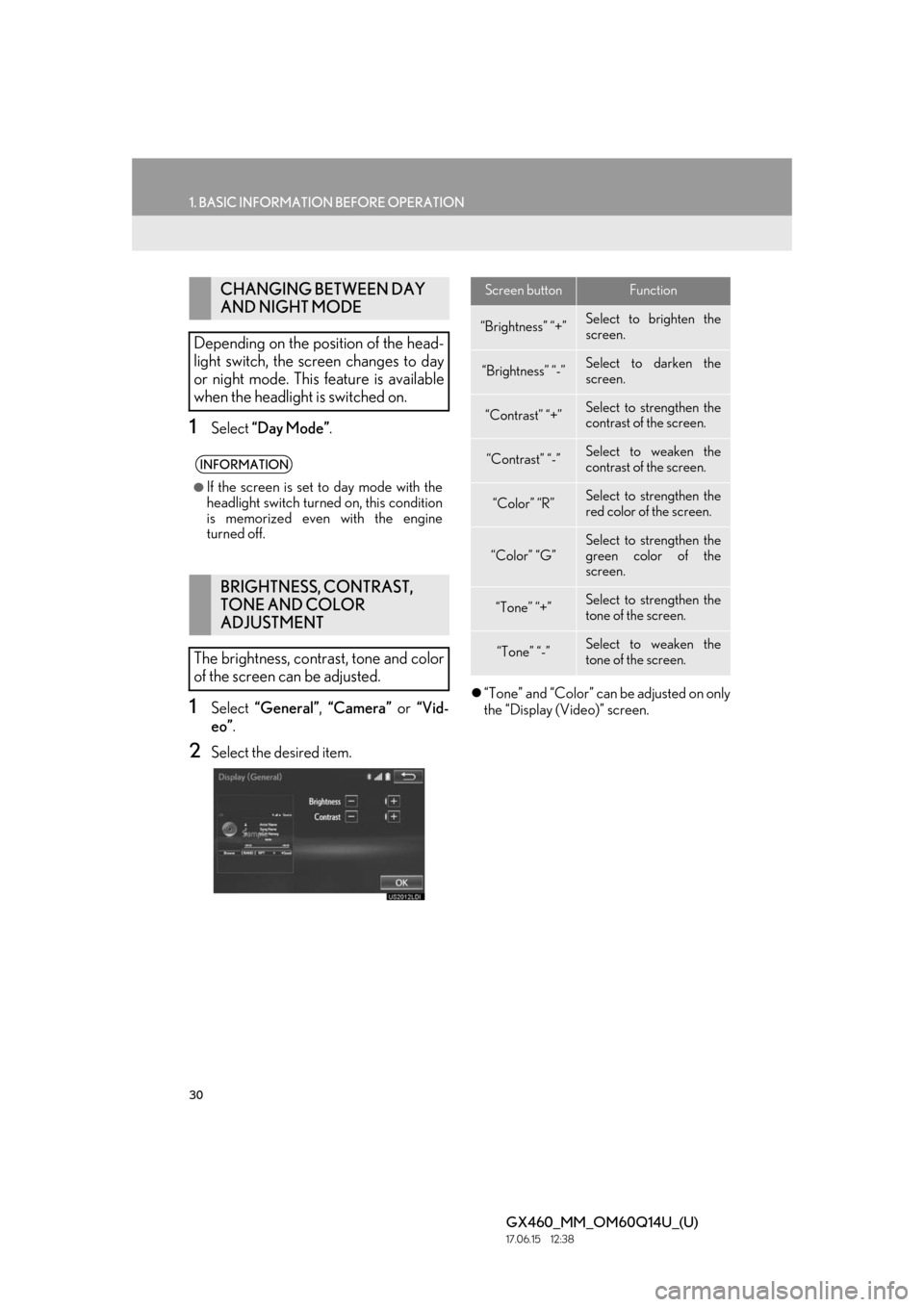 Lexus GX460 2018  Owners Manual / LEXUS 2018 GX460 MULTIMEDIA SYSTEM OWNERS MANUAL (OM60Q14U) 30
1. BASIC INFORMATION BEFORE OPERATION
GX460_MM_OM60Q14U_(U)17.06.15     12:38
1Select “Day Mode” .
1Select “General” , “Camera” or “Vid-
eo”.
2Select the desired item.
 “Tone