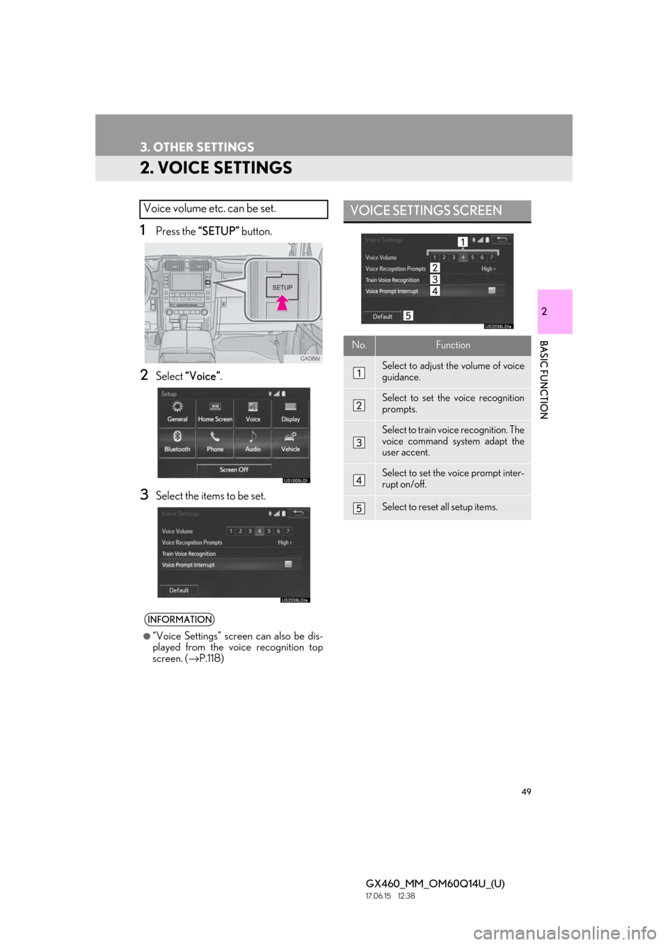 Lexus GX460 2018   / LEXUS 2018 GX460 MULTIMEDIA SYSTEM  (OM60Q14U) Service Manual 49
3. OTHER SETTINGS
GX460_MM_OM60Q14U_(U)17.06.15     12:38
2
BASIC FUNCTION
2. VOICE SETTINGS
1Press the “SETUP” button.
2Select “Voice” .
3Select the items to be set.
Voice volume etc. can 