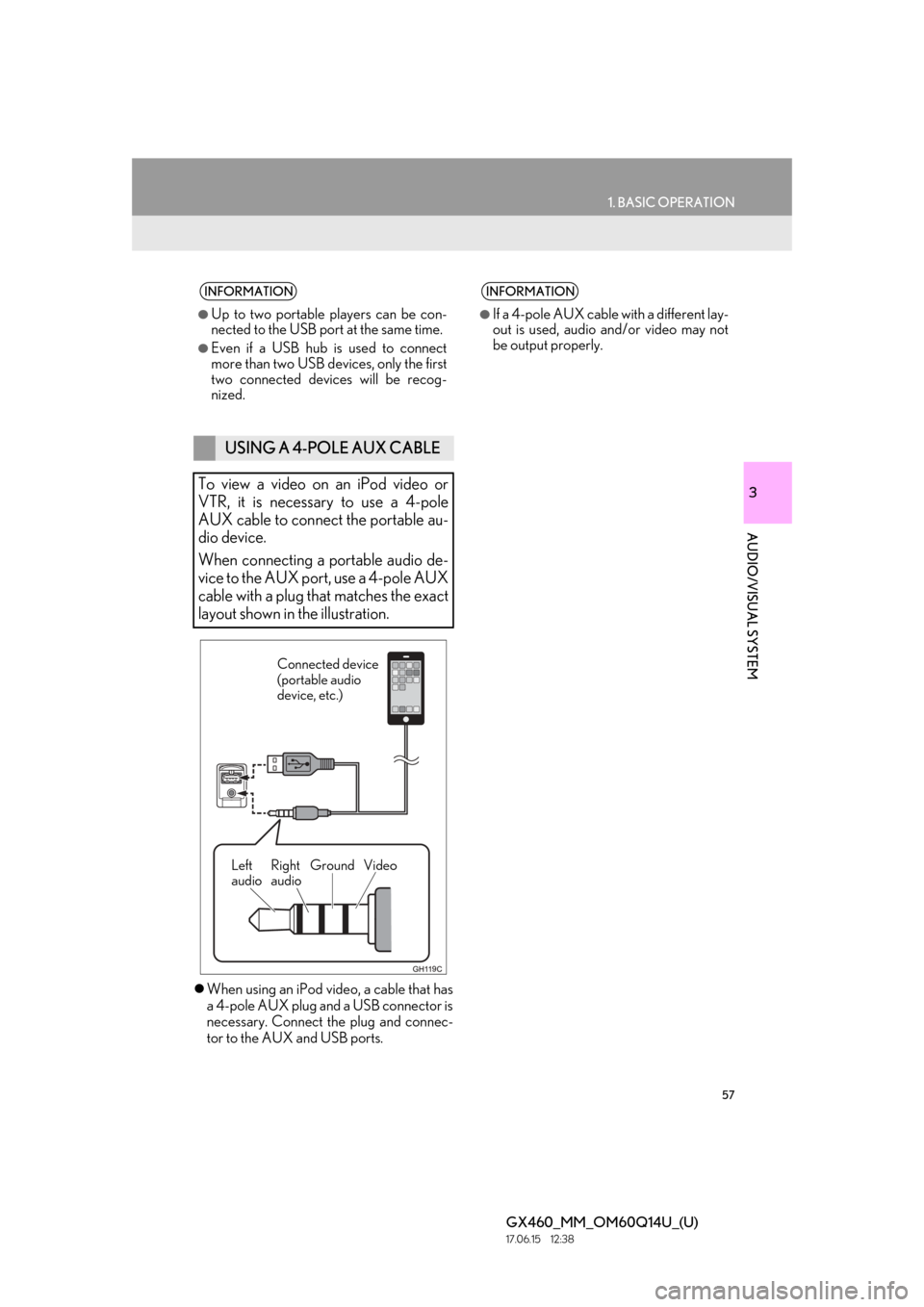 Lexus GX460 2018 Owners Manual / LEXUS 2018 GX460 MULTIMEDIA SYSTEM OWNERS MANUAL (OM60Q14U) 57
1. BASIC OPERATION
3
AUDIO/VISUAL SYSTEM
GX460_MM_OM60Q14U_(U)17.06.15 12:38
When using an iPod video, a cable that has
a 4-pole AUX plug and a USB connector is
necessary. Connect the plug a Lexus GX460 2018 Owners Manual / LEXUS 2018 GX460 MULTIMEDIA SYSTEM OWNERS MANUAL (OM60Q14U) 57
1. BASIC OPERATION
3
AUDIO/VISUAL SYSTEM
GX460_MM_OM60Q14U_(U)17.06.15 12:38
When using an iPod video, a cable that has
a 4-pole AUX plug and a USB connector is
necessary. Connect the plug a