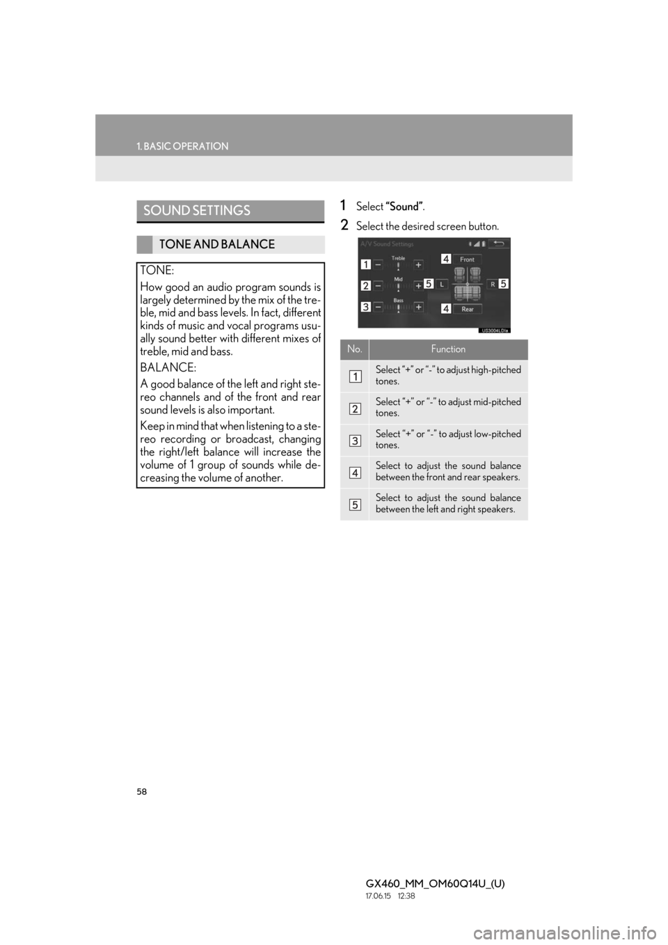 Lexus GX460 2018 / LEXUS 2018 GX460 MULTIMEDIA SYSTEM (OM60Q14U) Workshop Manual 58
1. BASIC OPERATION
GX460_MM_OM60Q14U_(U)17.06.15 12:38
1Select “Sound” .
2Select the desired screen button.
SOUND SETTINGS
TONE AND BALANCE
TONE:
How good an audio program sounds is
largely Lexus GX460 2018 / LEXUS 2018 GX460 MULTIMEDIA SYSTEM (OM60Q14U) Workshop Manual 58
1. BASIC OPERATION
GX460_MM_OM60Q14U_(U)17.06.15 12:38
1Select “Sound” .
2Select the desired screen button.
SOUND SETTINGS
TONE AND BALANCE
TONE:
How good an audio program sounds is
largely