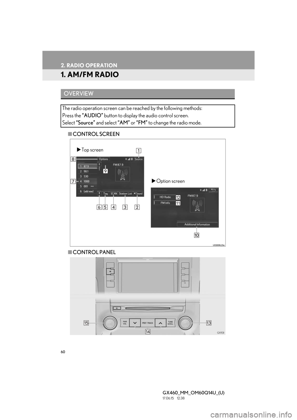 Lexus GX460 2018 / LEXUS 2018 GX460 MULTIMEDIA SYSTEM (OM60Q14U) Workshop Manual 60
GX460_MM_OM60Q14U_(U)17.06.15 12:38
2. RADIO OPERATION
1. AM/FM RADIO
■CONTROL SCREEN
■ CONTROL PANEL
OVERVIEW
The radio operation screen can be reached by the following methods:
Press the Lexus GX460 2018 / LEXUS 2018 GX460 MULTIMEDIA SYSTEM (OM60Q14U) Workshop Manual 60
GX460_MM_OM60Q14U_(U)17.06.15 12:38
2. RADIO OPERATION
1. AM/FM RADIO
■CONTROL SCREEN
■ CONTROL PANEL
OVERVIEW
The radio operation screen can be reached by the following methods:
Press the