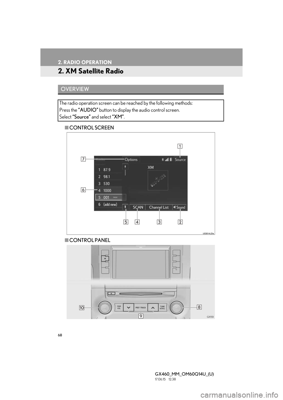 Lexus GX460 2018 / LEXUS 2018 GX460 MULTIMEDIA SYSTEM (OM60Q14U) Service Manual 68
2. RADIO OPERATION
GX460_MM_OM60Q14U_(U)17.06.15 12:38
2. XM Satellite Radio
■CONTROL SCREEN
■ CONTROL PANEL
OVERVIEW
The radio operation screen can be reached by the following methods:
Pre Lexus GX460 2018 / LEXUS 2018 GX460 MULTIMEDIA SYSTEM (OM60Q14U) Service Manual 68
2. RADIO OPERATION
GX460_MM_OM60Q14U_(U)17.06.15 12:38
2. XM Satellite Radio
■CONTROL SCREEN
■ CONTROL PANEL
OVERVIEW
The radio operation screen can be reached by the following methods:
Pre
