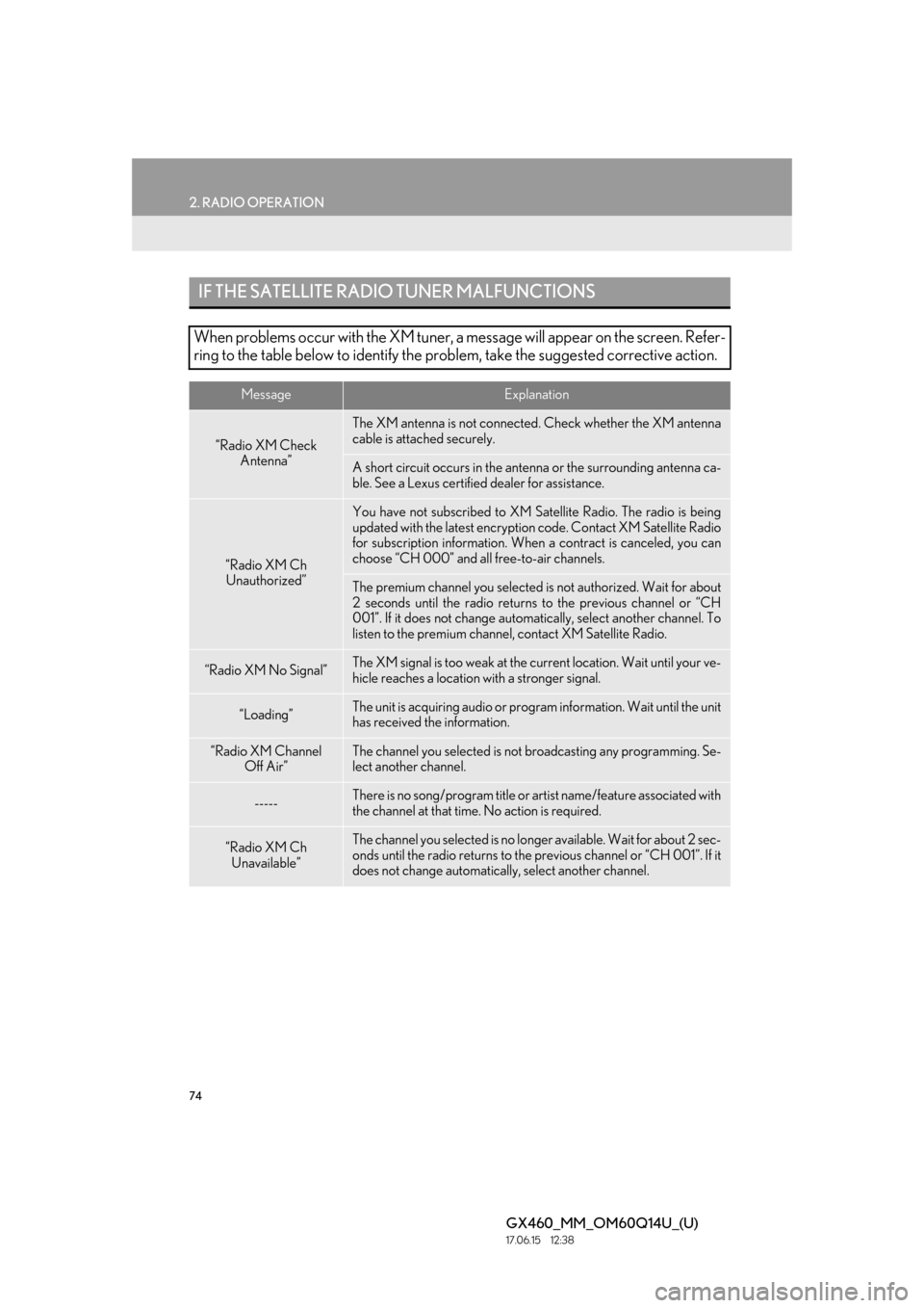 Lexus GX460 2018 Owners Manual / LEXUS 2018 GX460 MULTIMEDIA SYSTEM OWNERS MANUAL (OM60Q14U) 74
2. RADIO OPERATION
GX460_MM_OM60Q14U_(U)17.06.15 12:38
IF THE SATELLITE RADIO TUNER MALFUNCTIONS
When problems occur with the XM tuner, a message will appear on the screen. Refer-
ring to the t Lexus GX460 2018 Owners Manual / LEXUS 2018 GX460 MULTIMEDIA SYSTEM OWNERS MANUAL (OM60Q14U) 74
2. RADIO OPERATION
GX460_MM_OM60Q14U_(U)17.06.15 12:38
IF THE SATELLITE RADIO TUNER MALFUNCTIONS
When problems occur with the XM tuner, a message will appear on the screen. Refer-
ring to the t
