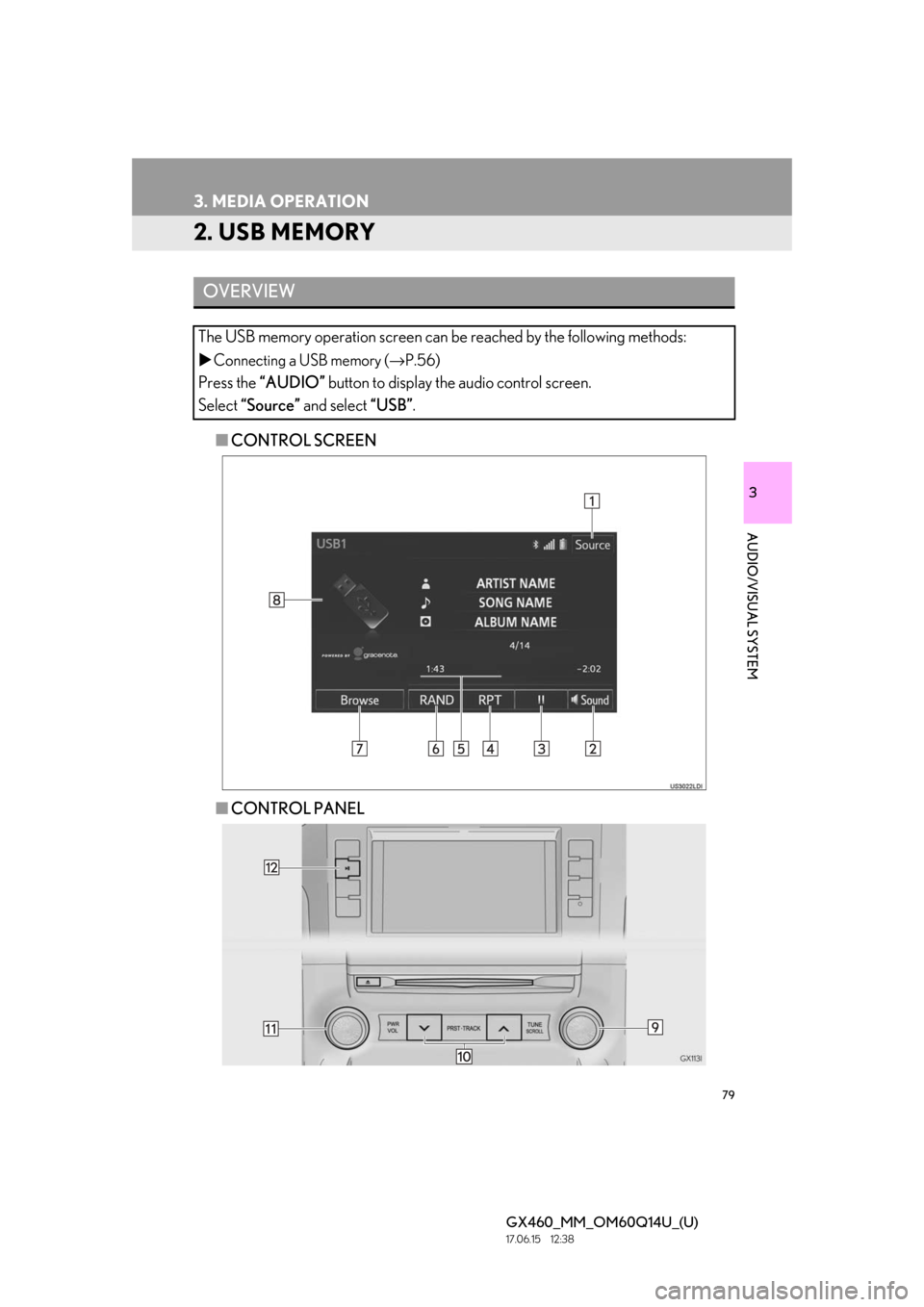 Lexus GX460 2018 / LEXUS 2018 GX460 MULTIMEDIA SYSTEM (OM60Q14U) Service Manual 79
3. MEDIA OPERATION
GX460_MM_OM60Q14U_(U)17.06.15 12:38
3
AUDIO/VISUAL SYSTEM
2. USB MEMORY
■CONTROL SCREEN
■ CONTROL PANEL
OVERVIEW
The USB memory operation screen can be reached by the fol Lexus GX460 2018 / LEXUS 2018 GX460 MULTIMEDIA SYSTEM (OM60Q14U) Service Manual 79
3. MEDIA OPERATION
GX460_MM_OM60Q14U_(U)17.06.15 12:38
3
AUDIO/VISUAL SYSTEM
2. USB MEMORY
■CONTROL SCREEN
■ CONTROL PANEL
OVERVIEW
The USB memory operation screen can be reached by the fol