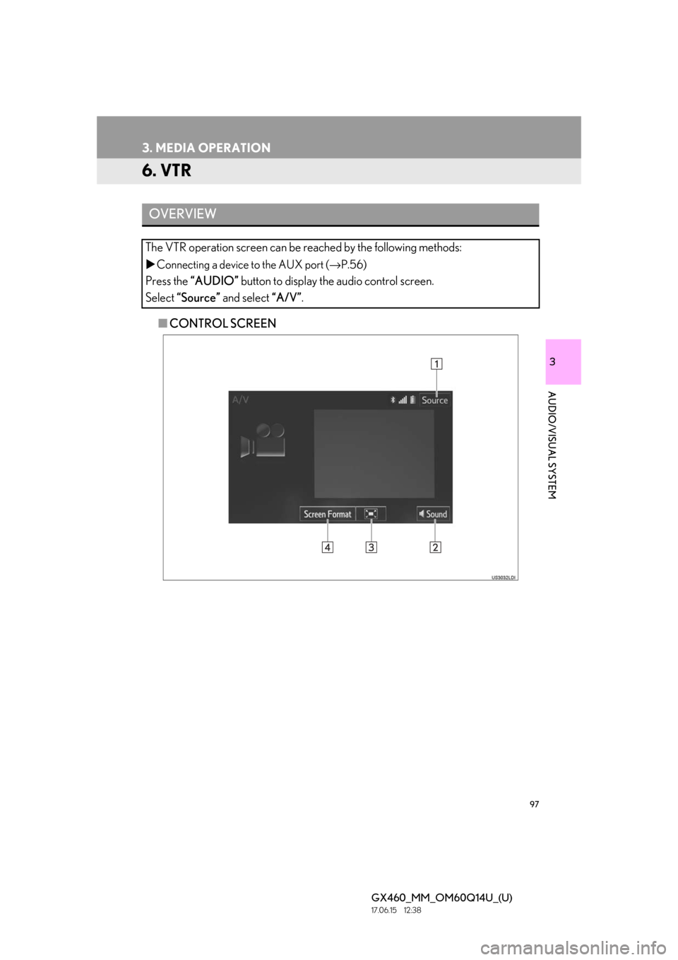 Lexus GX460 2018   / LEXUS 2018 GX460 MULTIMEDIA SYSTEM  (OM60Q14U) Owners Manual 97
3. MEDIA OPERATION
GX460_MM_OM60Q14U_(U)17.06.15     12:38
3
AUDIO/VISUAL SYSTEM
6. VTR
■CONTROL SCREEN
OVERVIEW
The VTR operation screen can be reached by the following methods:
 Connecting a