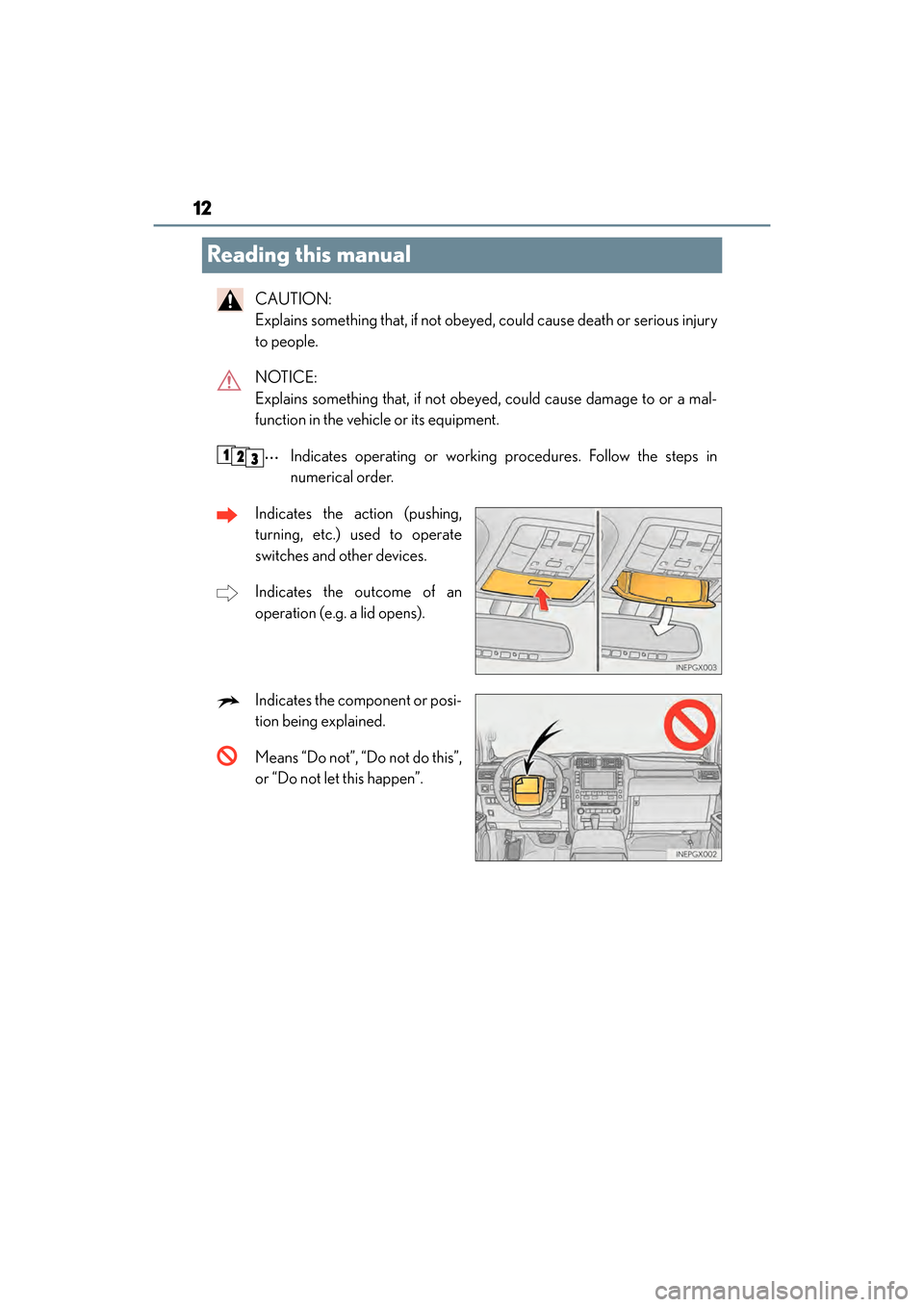 Lexus GX460 2017 User Guide 12
GX 460 _O M_ OM6 0F 6 8U _(U )
Reading this manual
CAUTION: 
Explains something that, if not obeyed, could cause death or serious injury
to people.
NOTICE: 
Explains something that, if not obeyed, 
