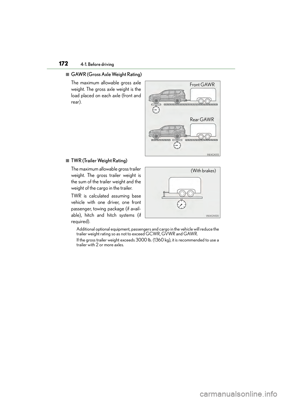 Lexus GX460 2017 Owners Manual 172
GX 460 _O M_ OM6 0F 6 8U _(U )4-1. Before driving
■GAWR (Gross Axle Weight Rating)
The maximum allowable gross axle
weight. The gross axle weight is the
load placed on each axle (front and
rear) Lexus GX460 2017 Owners Manual 172
GX 460 _O M_ OM6 0F 6 8U _(U )4-1. Before driving
■GAWR (Gross Axle Weight Rating)
The maximum allowable gross axle
weight. The gross axle weight is the
load placed on each axle (front and
rear)