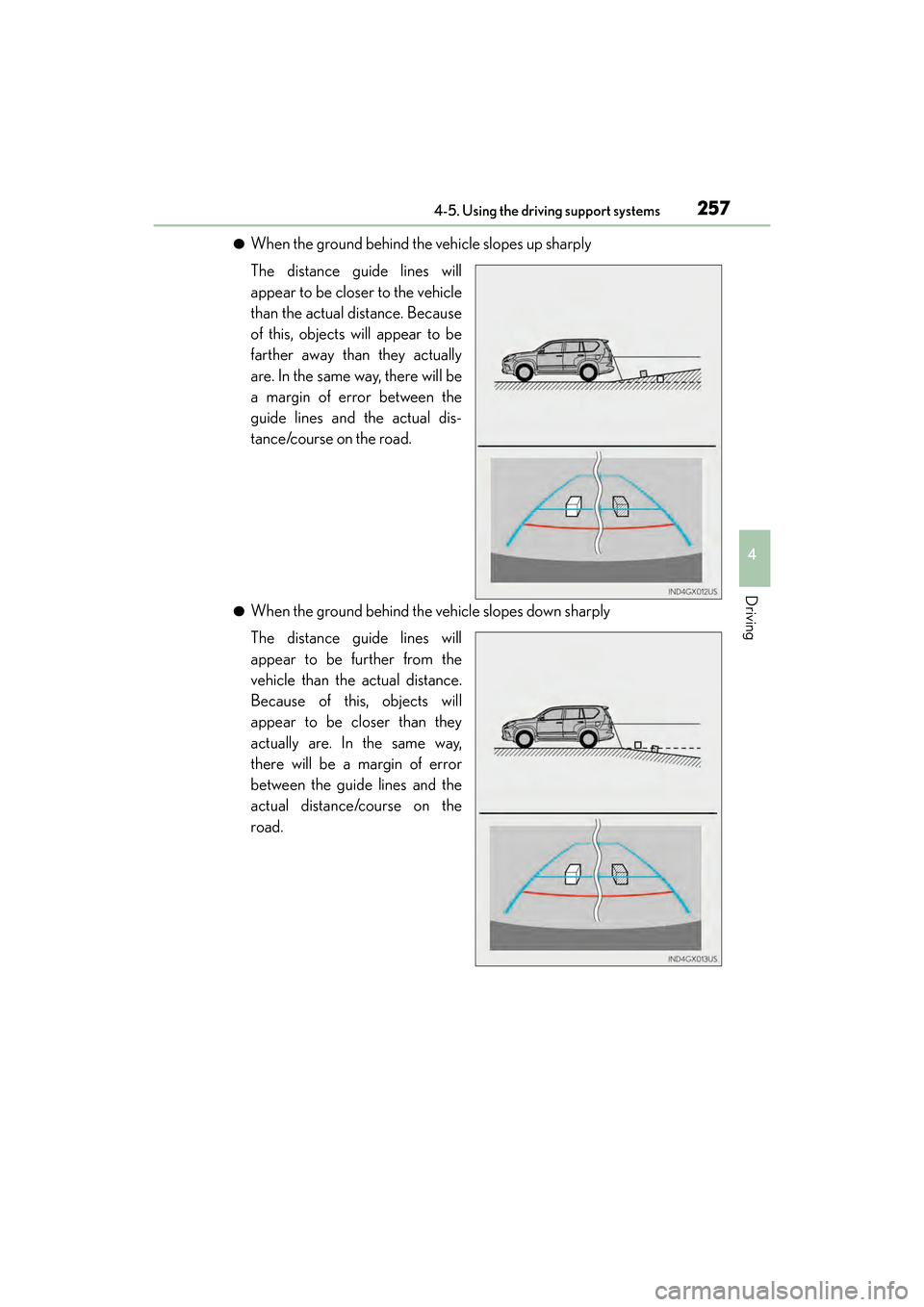 Lexus GX460 2017 Owners Manual GX 460 _O M_ OM6 0F 6 8U _(U )
2574-5. Using the driving support systems
4
Driving
●When the ground behind the vehicle slopes up sharply
The distance guide lines will
appear to be closer to the vehi Lexus GX460 2017 Owners Manual GX 460 _O M_ OM6 0F 6 8U _(U )
2574-5. Using the driving support systems
4
Driving
●When the ground behind the vehicle slopes up sharply
The distance guide lines will
appear to be closer to the vehi
