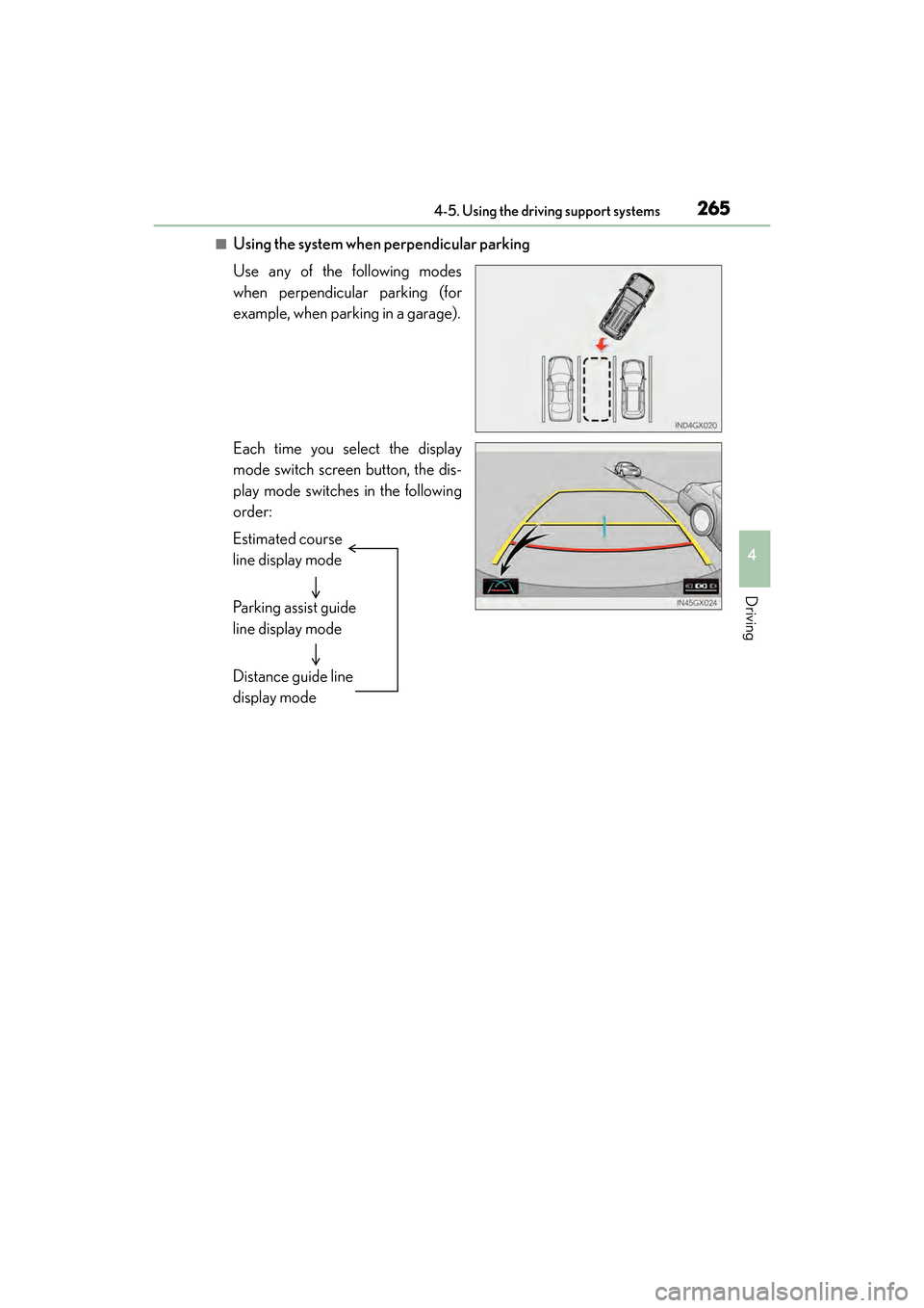Lexus GX460 2017 Service Manual GX 460 _O M_ OM6 0F 6 8U _(U )
2654-5. Using the driving support systems
4
Driving
■Using the system when perpendicular parking
Use any of the following modes
when perpendicular parking (for
example Lexus GX460 2017 Service Manual GX 460 _O M_ OM6 0F 6 8U _(U )
2654-5. Using the driving support systems
4
Driving
■Using the system when perpendicular parking
Use any of the following modes
when perpendicular parking (for
example