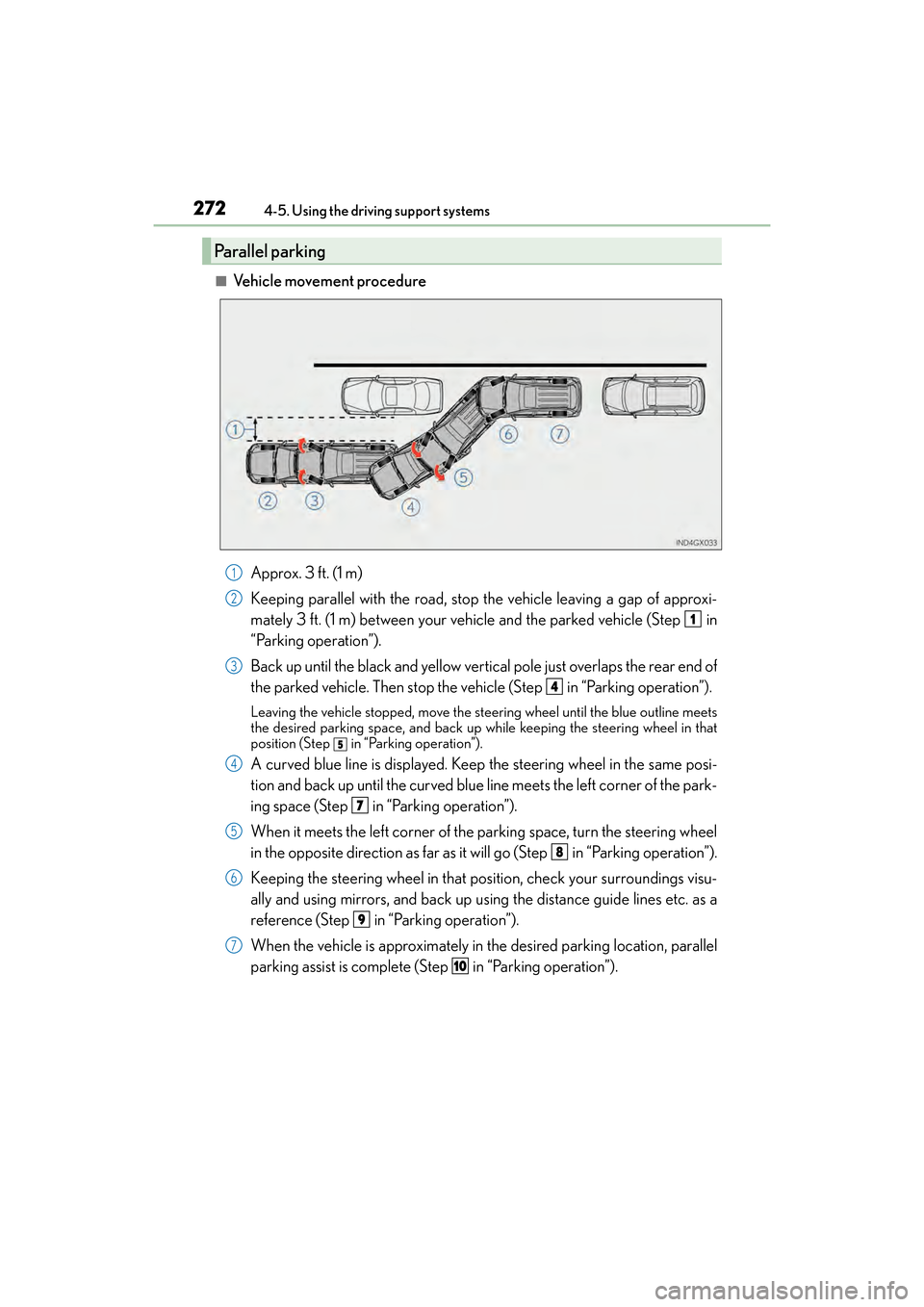 Lexus GX460 2017 Workshop Manual 272
GX 460 _O M_ OM6 0F 6 8U _(U )4-5. Using the driving support systems
■Vehicle movement procedure
Approx. 3 f t. (1 m)
Keeping parallel with the road, stop the vehicle leaving a gap of approxi-
m Lexus GX460 2017 Workshop Manual 272
GX 460 _O M_ OM6 0F 6 8U _(U )4-5. Using the driving support systems
■Vehicle movement procedure
Approx. 3 f t. (1 m)
Keeping parallel with the road, stop the vehicle leaving a gap of approxi-
m