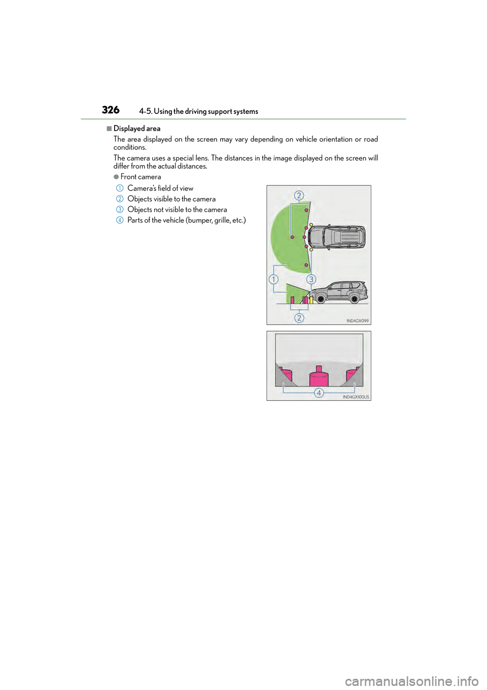 Lexus GX460 2017  Owners Manual 326
GX 460 _O M_ OM6 0F 6 8U _(U )4-5. Using the driving support systems
■Displayed area
The area displayed on the screen may vary depending on vehicle orientation or road
conditions.
The camera use