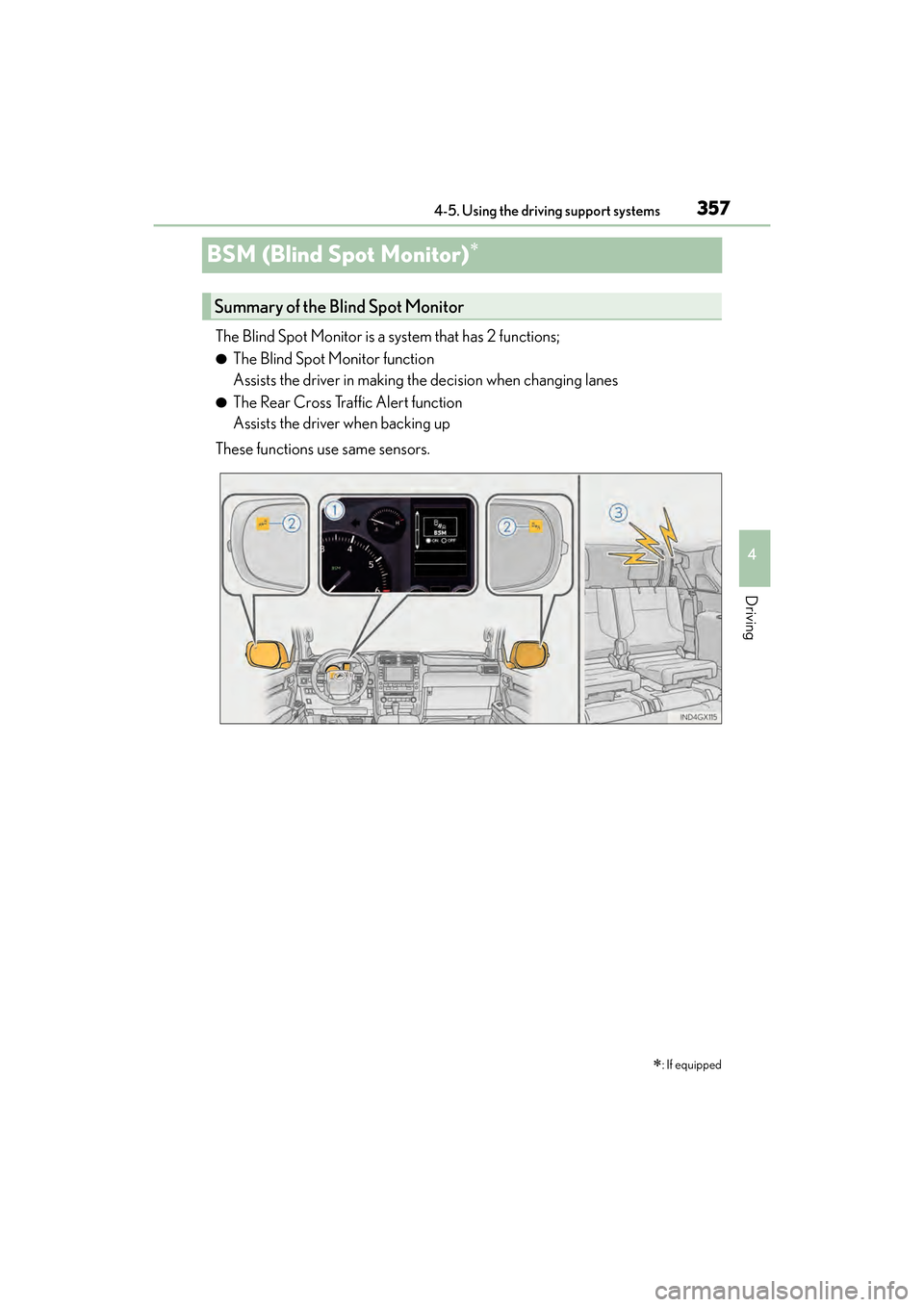 Lexus GX460 2017 Owners Guide 357
GX 460 _O M_ OM6 0F 6 8U _(U )4-5. Using the driving support systems
4
Driving
BSM (Blind Spot Monitor)∗
The Blind Spot Monitor is a system that has 2 functions;
●The Blind Spot Monitor functi