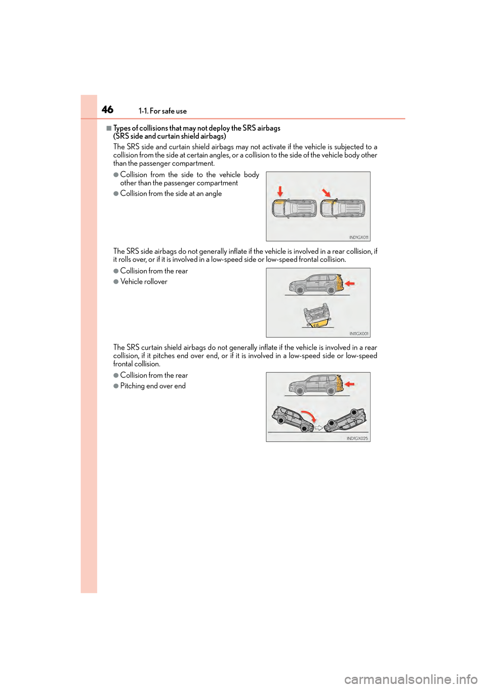 Lexus GX460 2017 Service Manual 461-1. For safe use
GX 460 _O M_ OM6 0F 6 8U _(U )
■Types of collisions that may not deploy the SRS airbags 
(SRS side and curtain shield airbags)
The SRS side and curtain shield airbags may not act