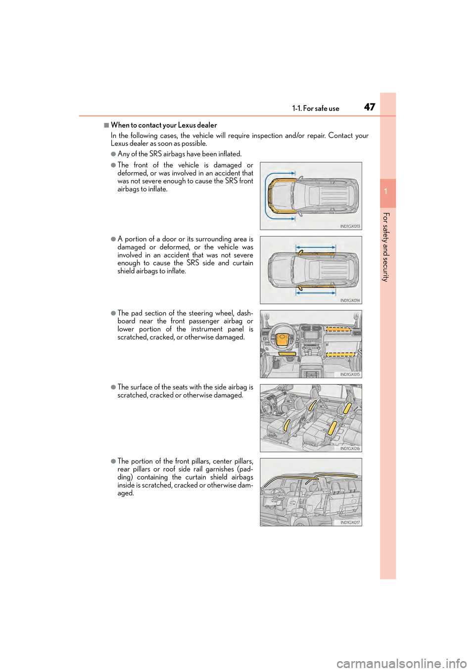 Lexus GX460 2017  Owners Manual 471-1. For safe use
GX 460 _O M_ OM6 0F 6 8U _(U )
1
For safety and security
■When to contact your Lexus dealer
In the following cases, the vehicle will requ ire inspection and/or repair. Contact yo