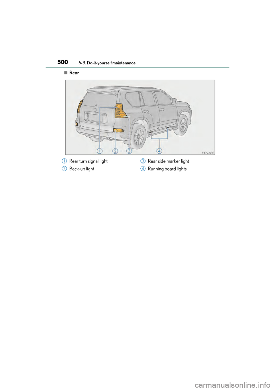Lexus GX460 2017  Owners Manual 500
GX 460 _O M_ OM6 0F 6 8U _(U )6-3. Do-it-yourself maintenance
■Rear
Rear turn signal light
Back-up light
Rear side marker light
Running board lights1
2
3
4
GX460_OM_OM60F68U_(U).book  Page 500  